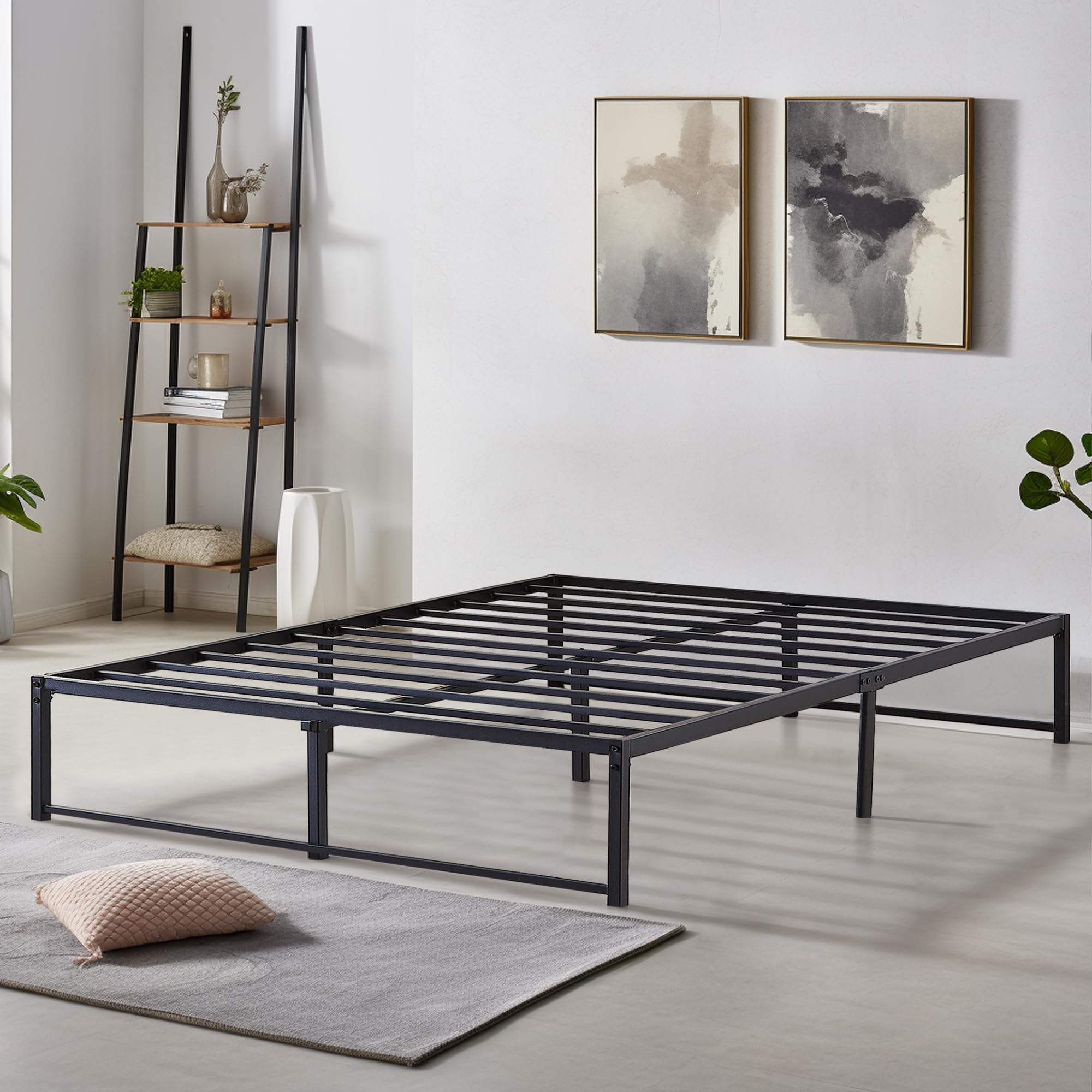 VECELO 14 Inch Queen Size Platform Bed Frame with Steel Slat Support - No Box Spring Needed, Mattress Foundation - Sturdy Black Metal Frame for Bedroom, Guest Room, Dorm