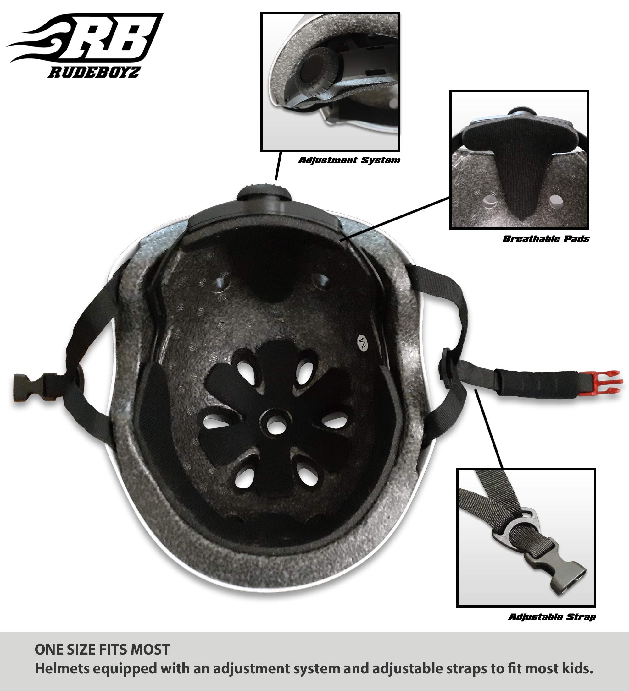 Rude Boyz Kids Skateboard & Bike Helmet Protective Gear Set - Youth Knee Pads, Elbow Pads & Wrist Guards for Boys & Girls - Perfect for Skateboarding, Cycling & Scooter Riding Safety