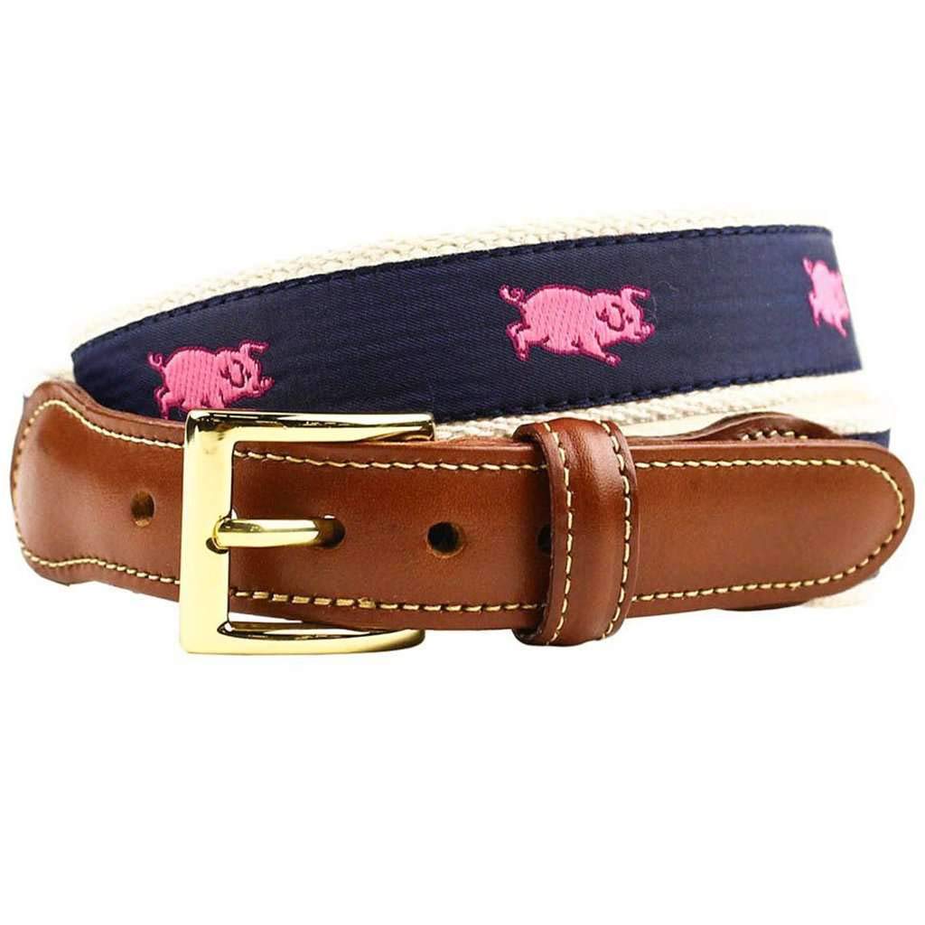 Country Club Prep Prancing Pig Leather Tab Belt for Men - Navy Blue Genuine Leather Dress Belt - Perfect for Business, Casual & Formal Occasions