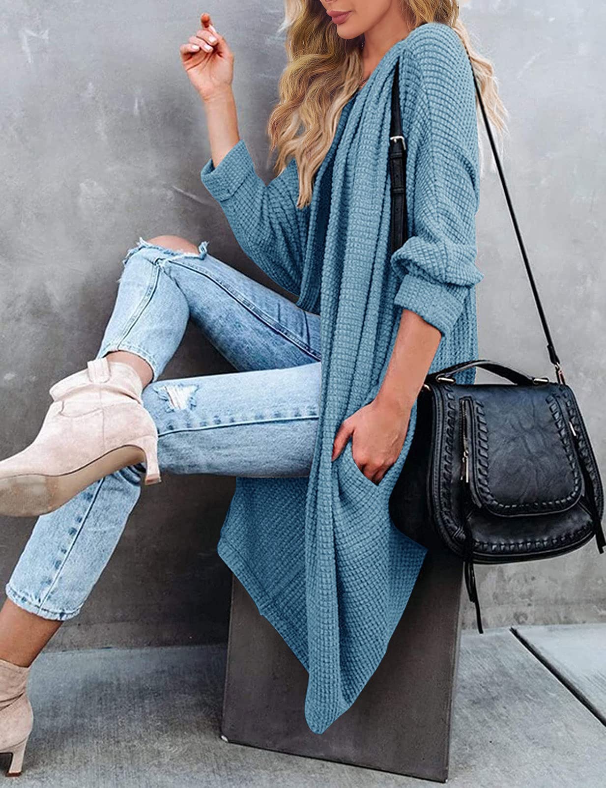 MEROKEETY Women's 2025 Fall Waffle Knit Batwing Long Sleeve Cardigan - Loose Open Front Sweater Coat for Casual Outfits & Layering | Perfect for Autumn, Office Wear & Coffee Dates