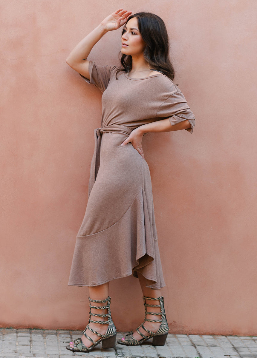 Kayliyah Women's Elegant Floral Print Midi Dress in Doe Brown - Perfect for Casual Outings, Office Wear & Special Occasions