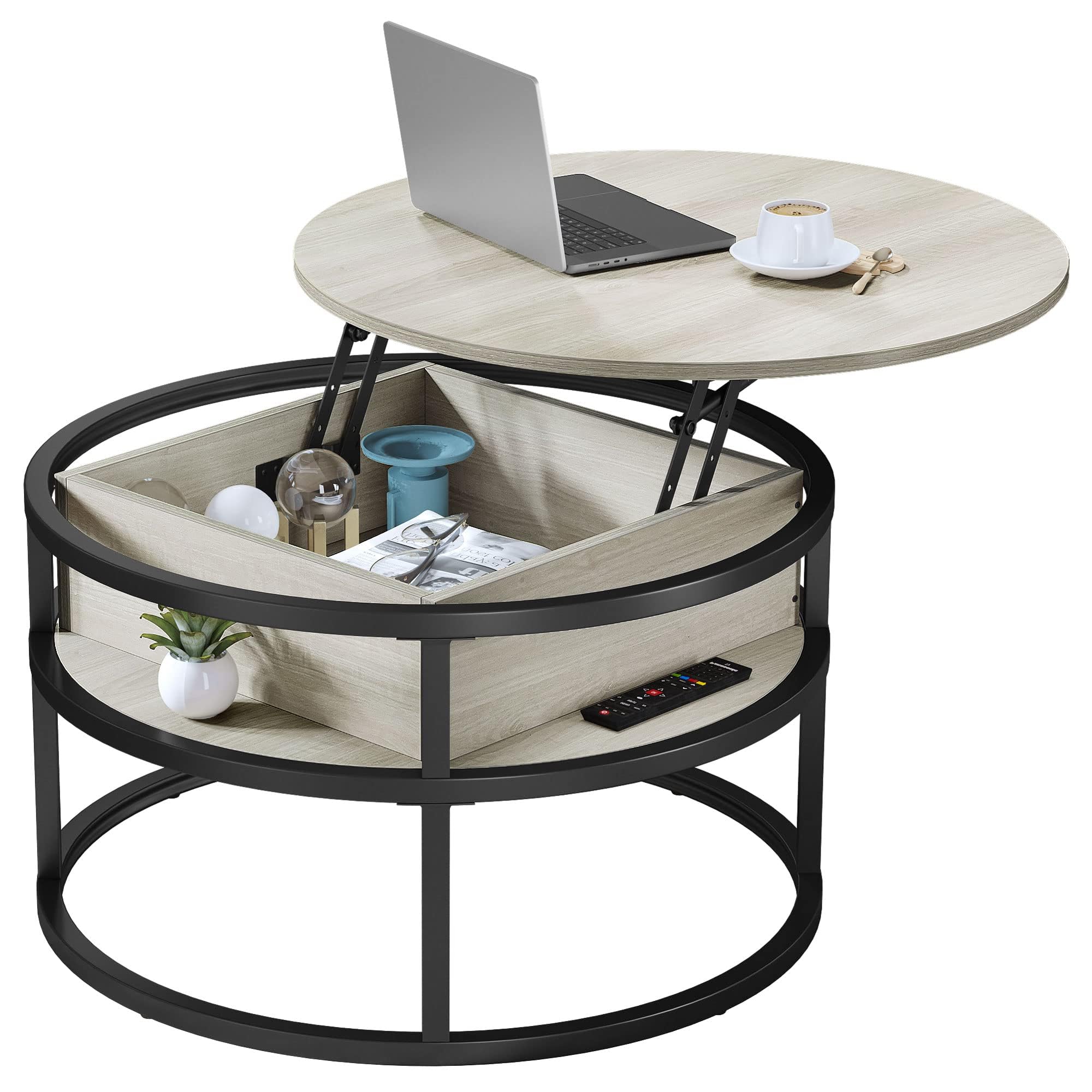 YITAHOME Round Lift Top Coffee Table with Hidden Storage - Modern Living Room Center Table in White Oak for Home Office & Small Spaces | Perfect for Entertaining, Storage & Workspace