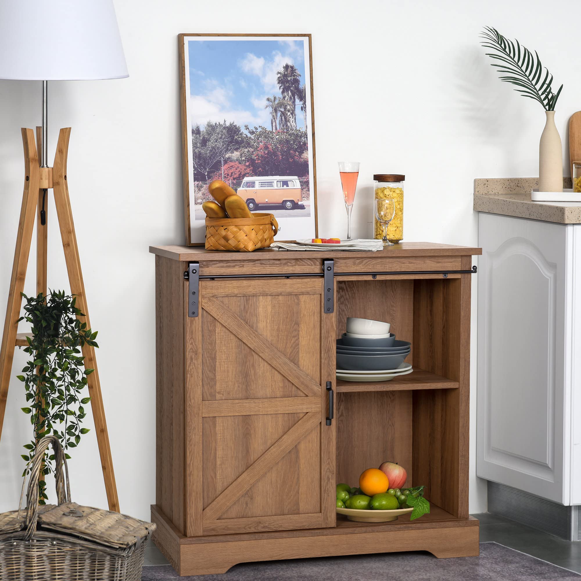 Sophia & William Farmhouse Coffee Bar Cabinet - Kitchen Buffet Storage with Sliding Barn Door - 31.9