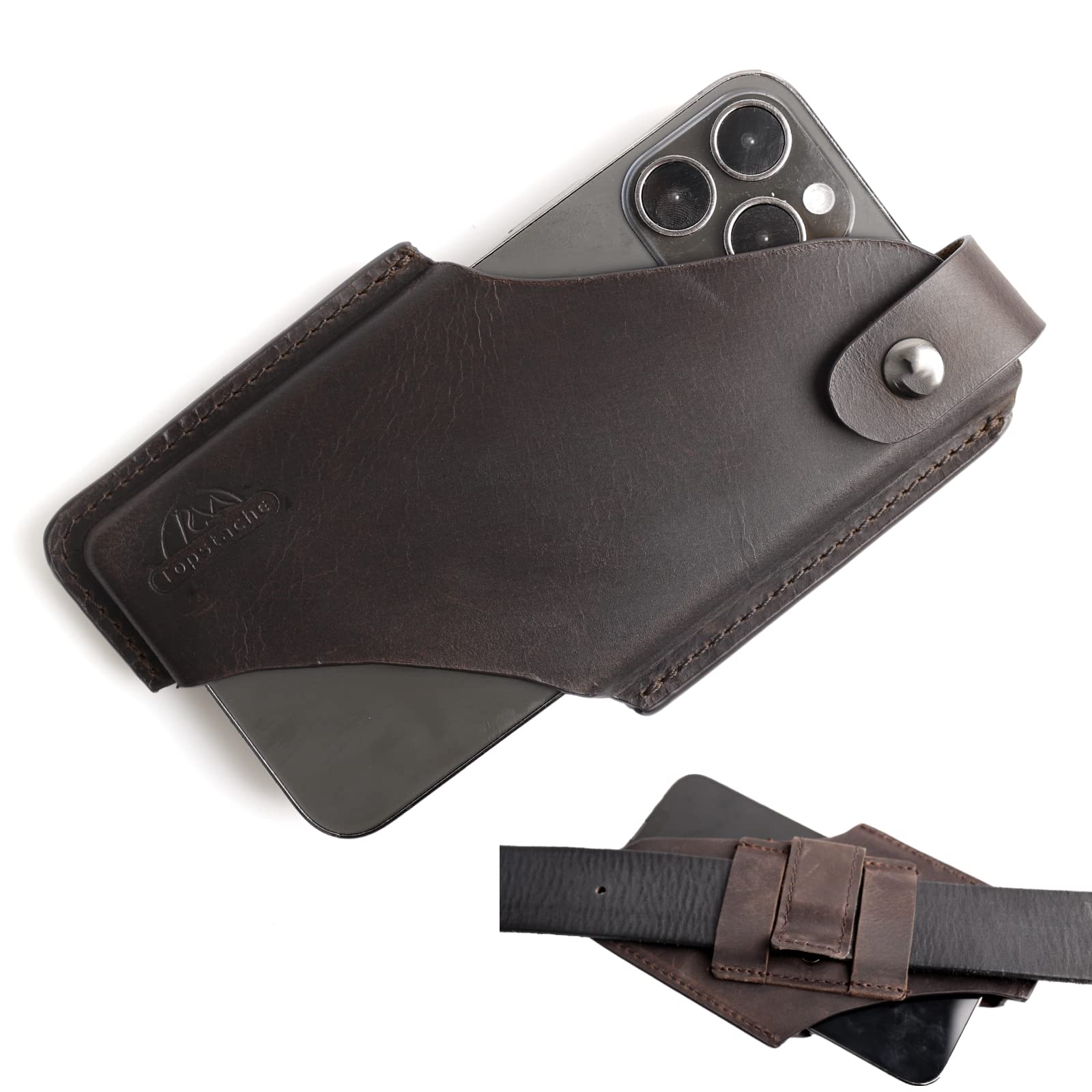 Premium Leather Phone Holster with Belt Clip - Magnetic Closure iPhone/Samsung Case (Dark Brown, Medium) | Durable Belt Pouch for Work, Travel & Outdoor Activities