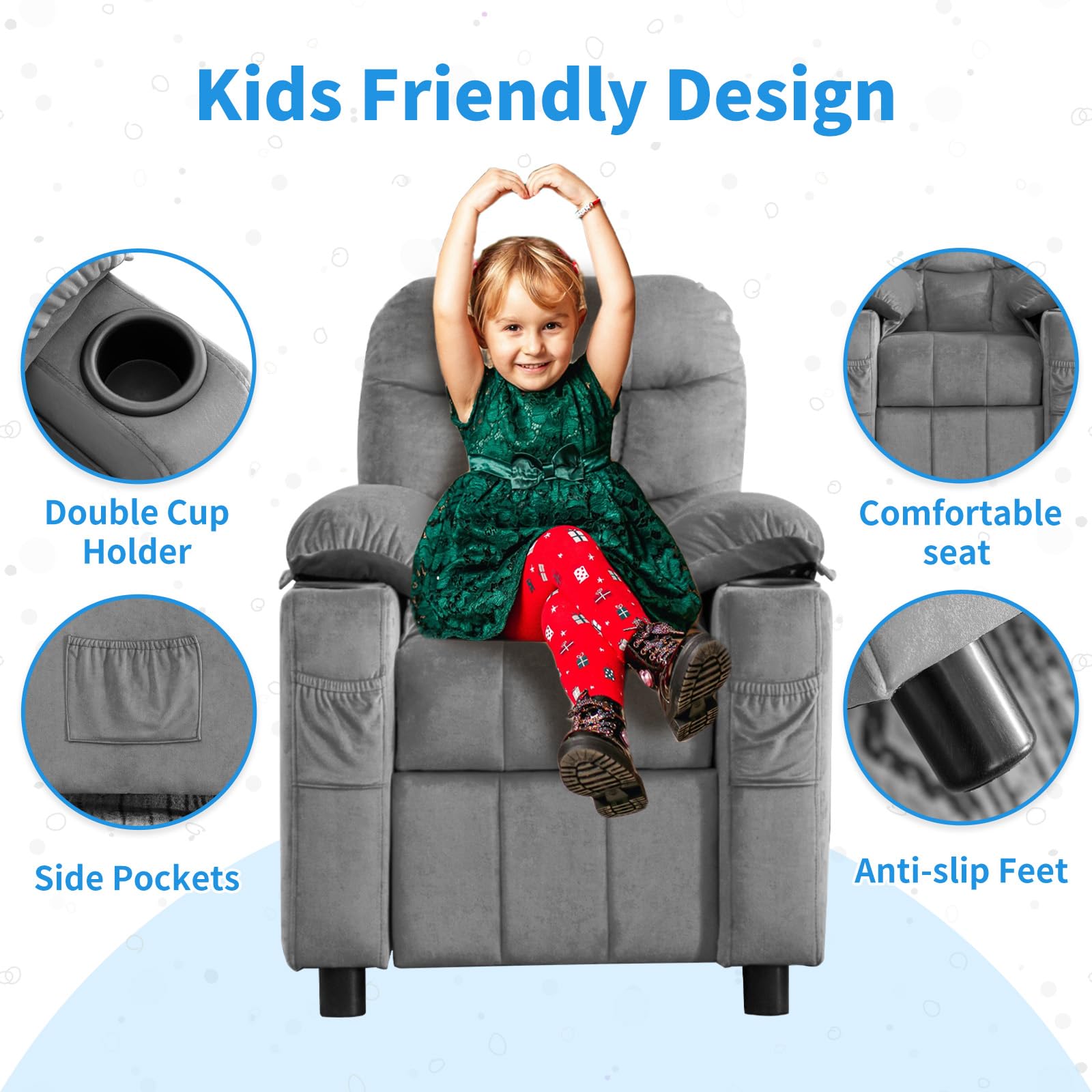 Kids Recliner Chair with Cup Holder - Adjustable Toddler Lounge Chair with Footrest & Side Pockets - Soft Velvet Baby Sofa for Boys & Girls Bedroom (Gray) - Perfect for Reading, Watching TV & Relaxing in Nursery or Playroom