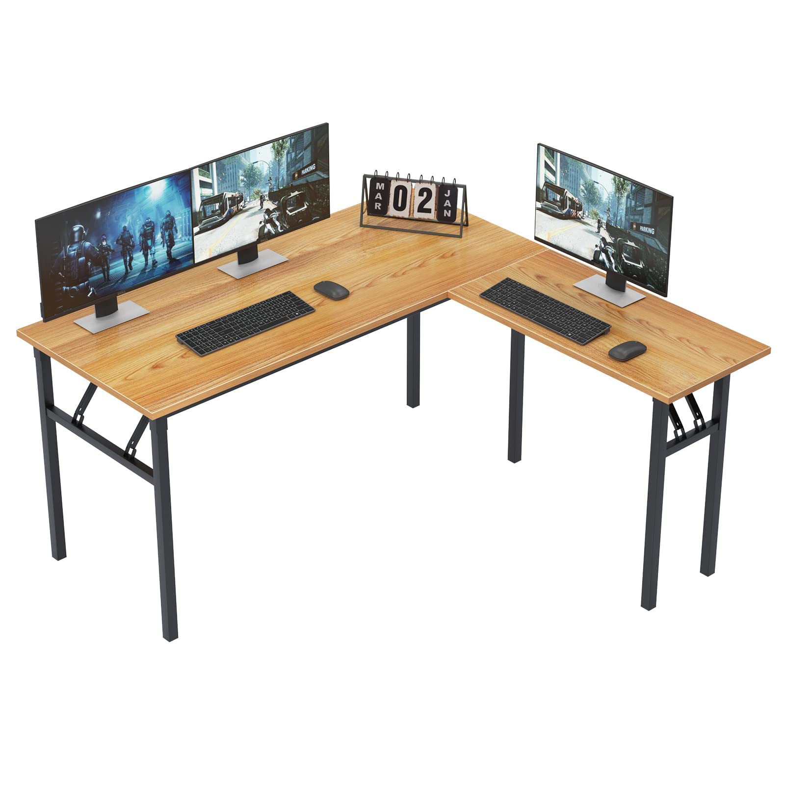 L-Shaped Desk 55x55 Inches - Foldable Computer Desk for Home Office, One-Step Assembly, Teak & Black - Perfect for Small Spaces & Gaming Setup
