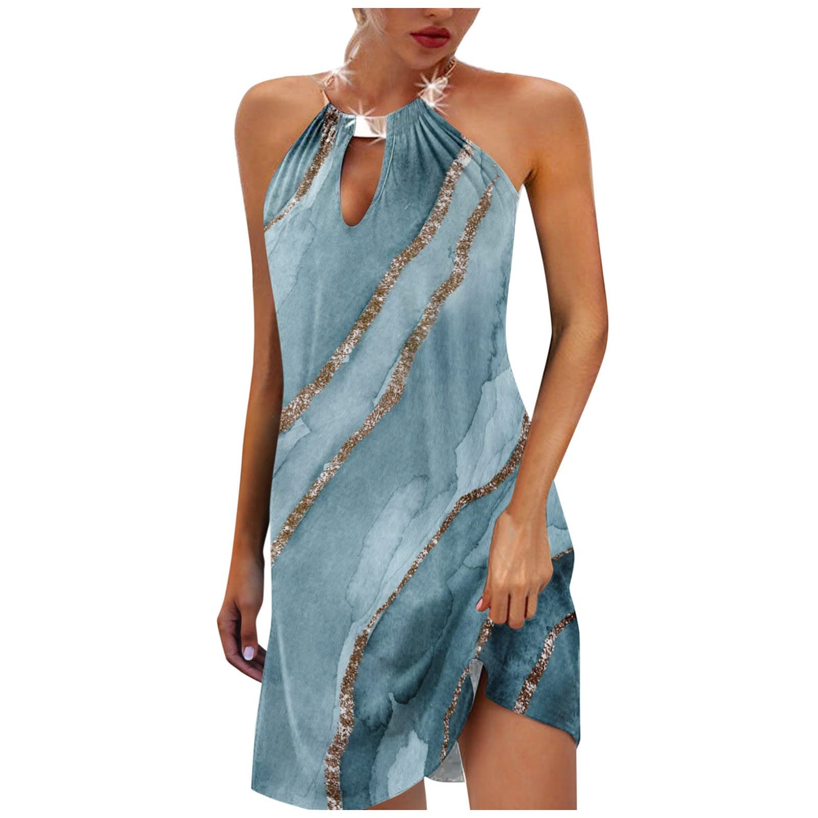 BOXIACEY Women's Summer Sleeveless V-Neck Halter Dress 2022 - Floral Print Casual Cocktail Party Dress for Beach, Vacation & Evening Out