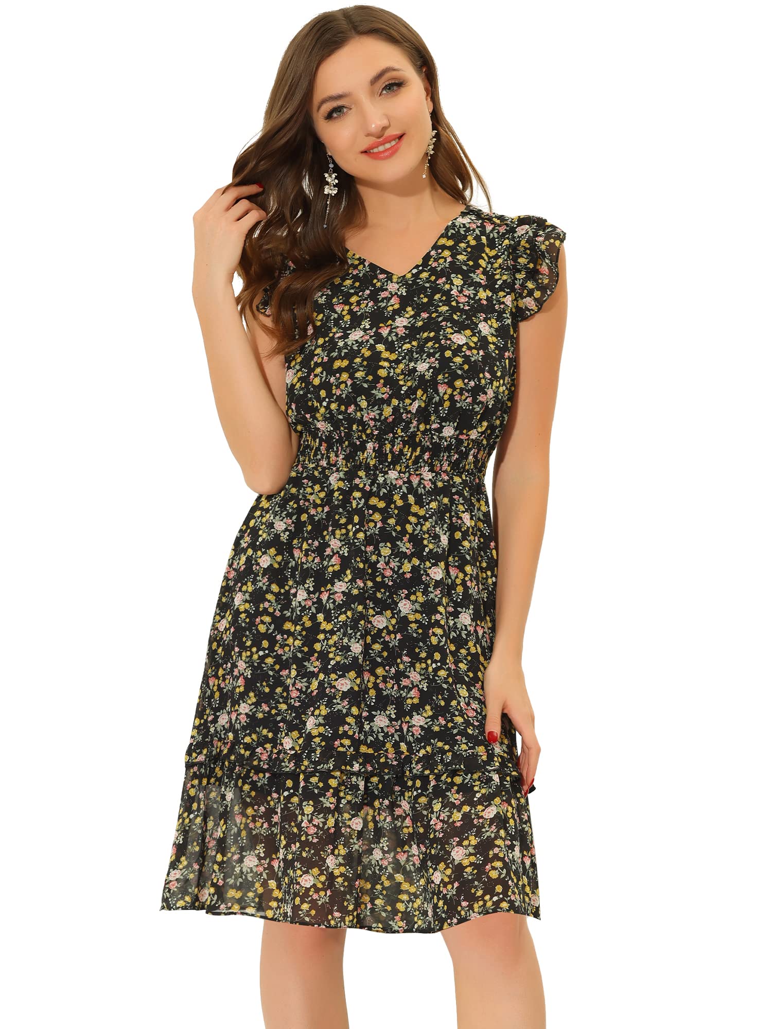 Allegra K Women's Floral Summer Dress with Flutter Sleeves & V-Neck - Smocked Waist Ruffle Midi Dress for Casual Outings, Beach Vacations & Date Nights