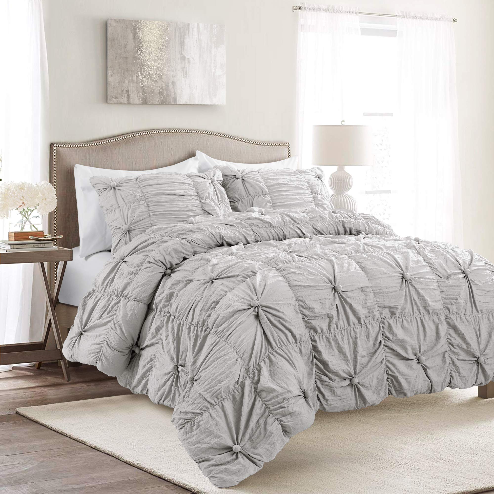 Lush Decor Bella 3-Piece Comforter Set - Vintage Chic Style, Ruched Design, King Size, Light Gray - Perfect for Master Bedroom, Guest Room & Cozy Home Decor