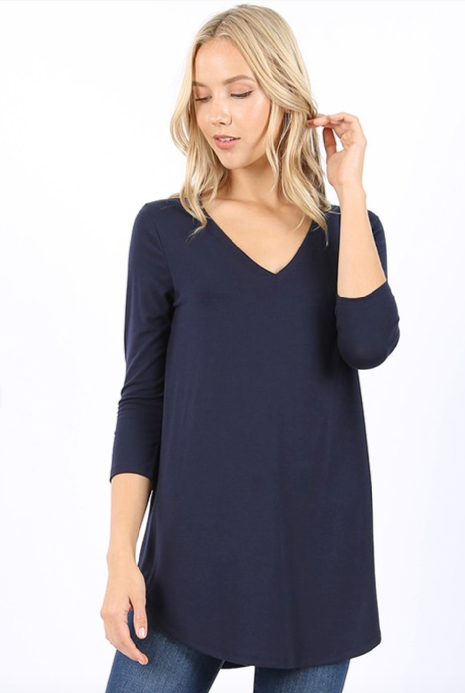 Plus Size 3/4 Sleeve V Neck Scoop Front & Back Flowy Blouse - Comfortable Women's Tops for Work, Casual Outfits & Special Occasions
