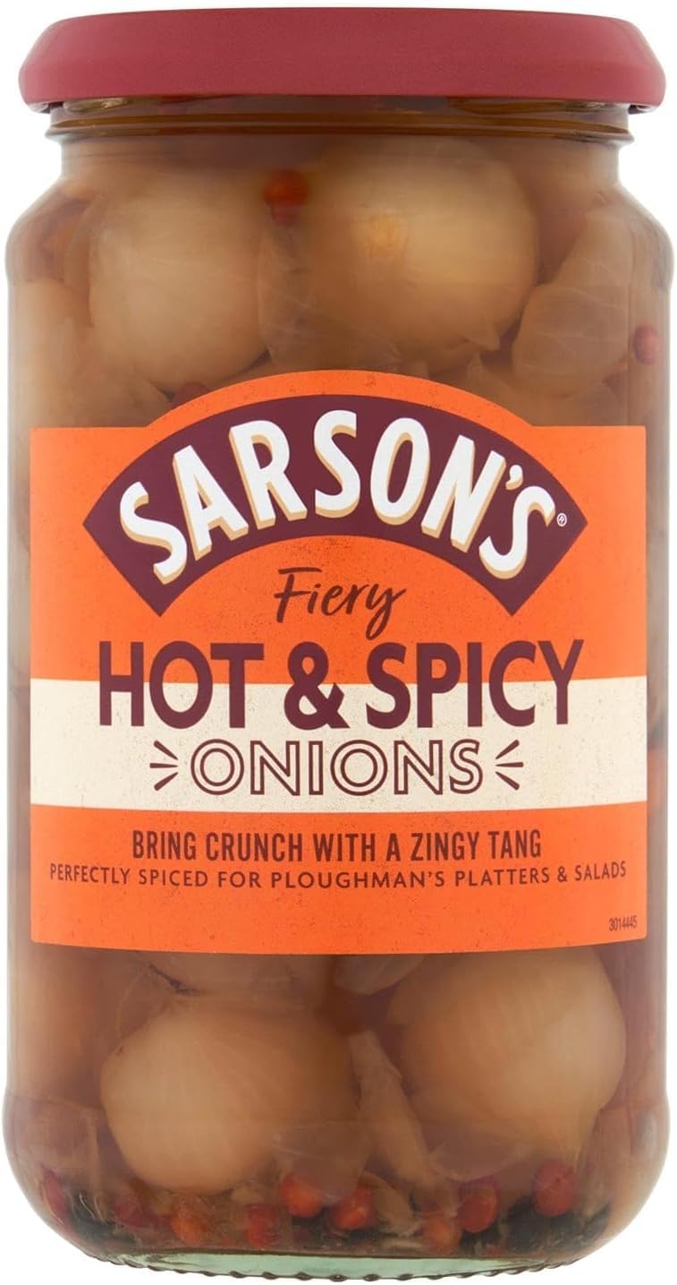 Sarsons Hot and Spicy Silverskin Onions 460g (1 Pack) - Tangy Pickled Onions for Burgers, Salads & Charcuterie Boards - Perfect for BBQs, Picnics & Party Snacks