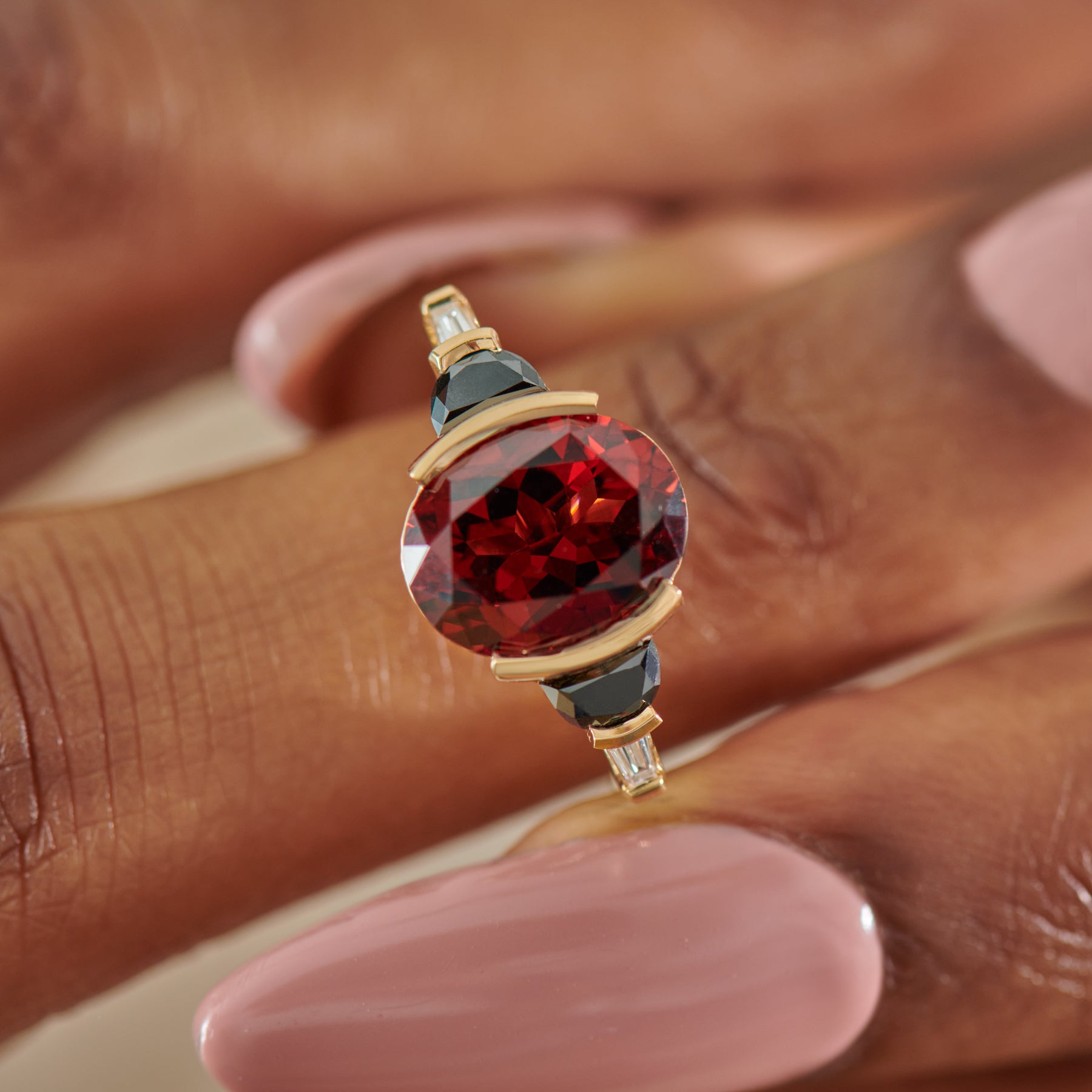 Exquisite Mars OOAK Red Garnet Oval & Black Half Moon Diamond Engagement Ring for Women – Perfect for Proposals, Anniversaries & Romantic Occasions
