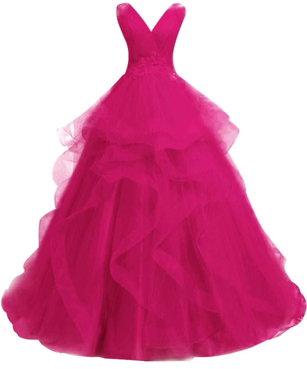 Elegant Long Prom Dresses for Women - Formal Evening Gowns with V-Neck & Tulle Ruffles - Perfect for Quinceañera, Homecoming, Wedding & Special Occasions
