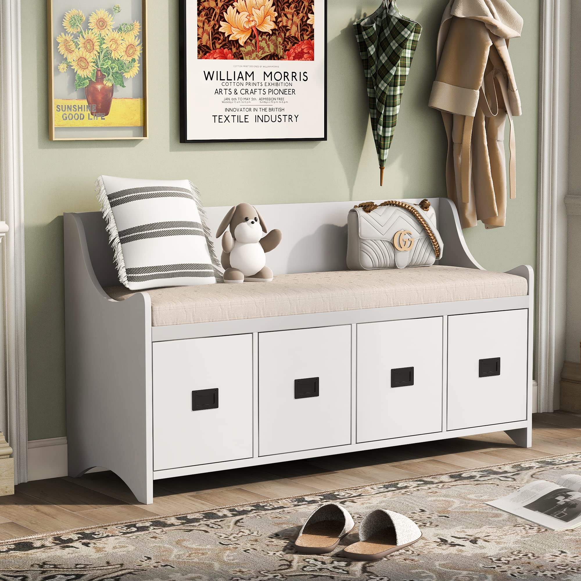 Multi-Purpose Storage Bench with 4 Sliding Drawers & Removable Cushion - Wooden Entryway Shoe Bench Cabinet with Large Storage Space (White) | Perfect for Hallway, Bedroom & Living Room Organization