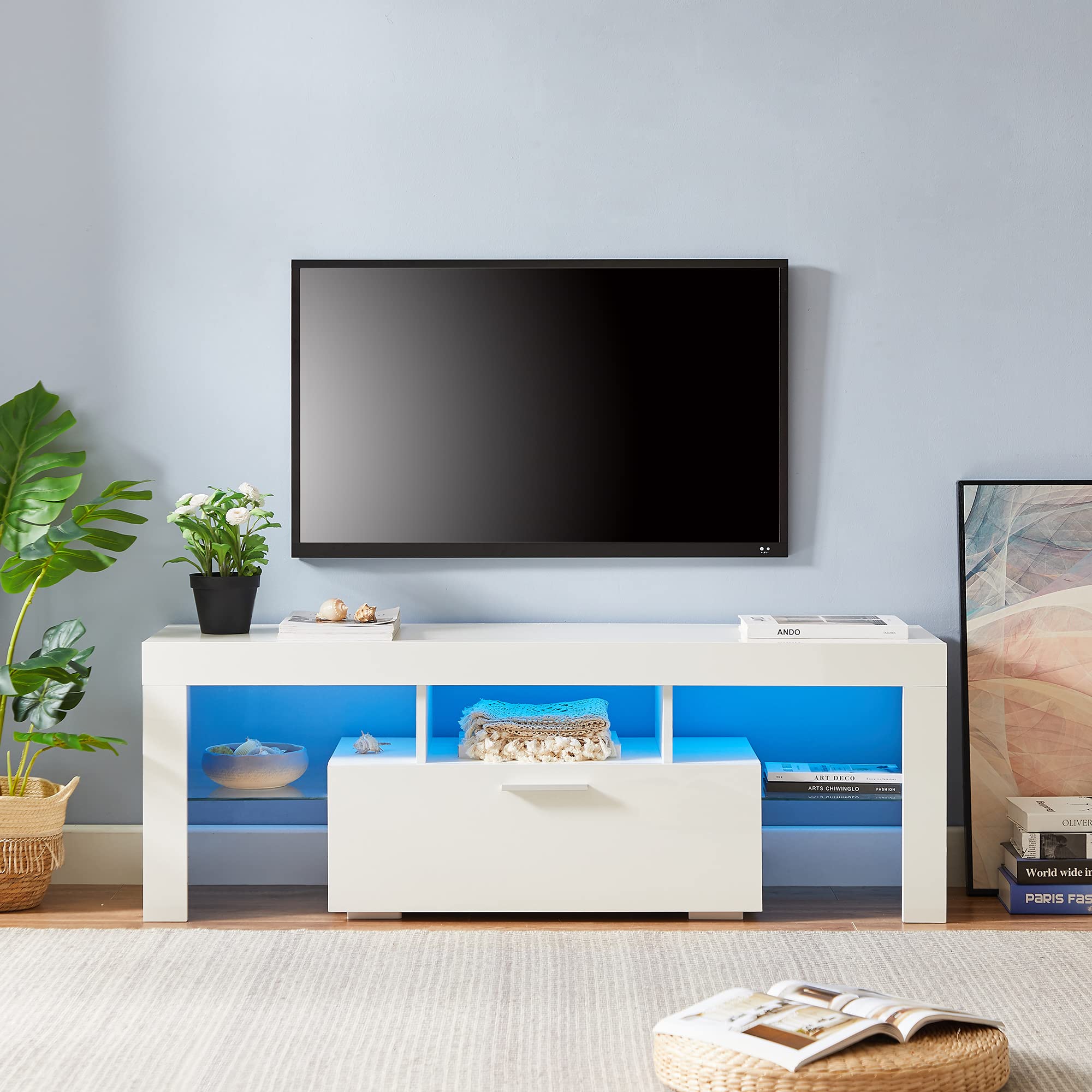 Modern High Gloss LED TV Stand for 55-75 Inch TVs - Entertainment Center with Adjustable Shelves, Sturdy TV Cabinet for Living Room & Bedroom (White) - Perfect for Home Theater Setup & Gaming Console Storage