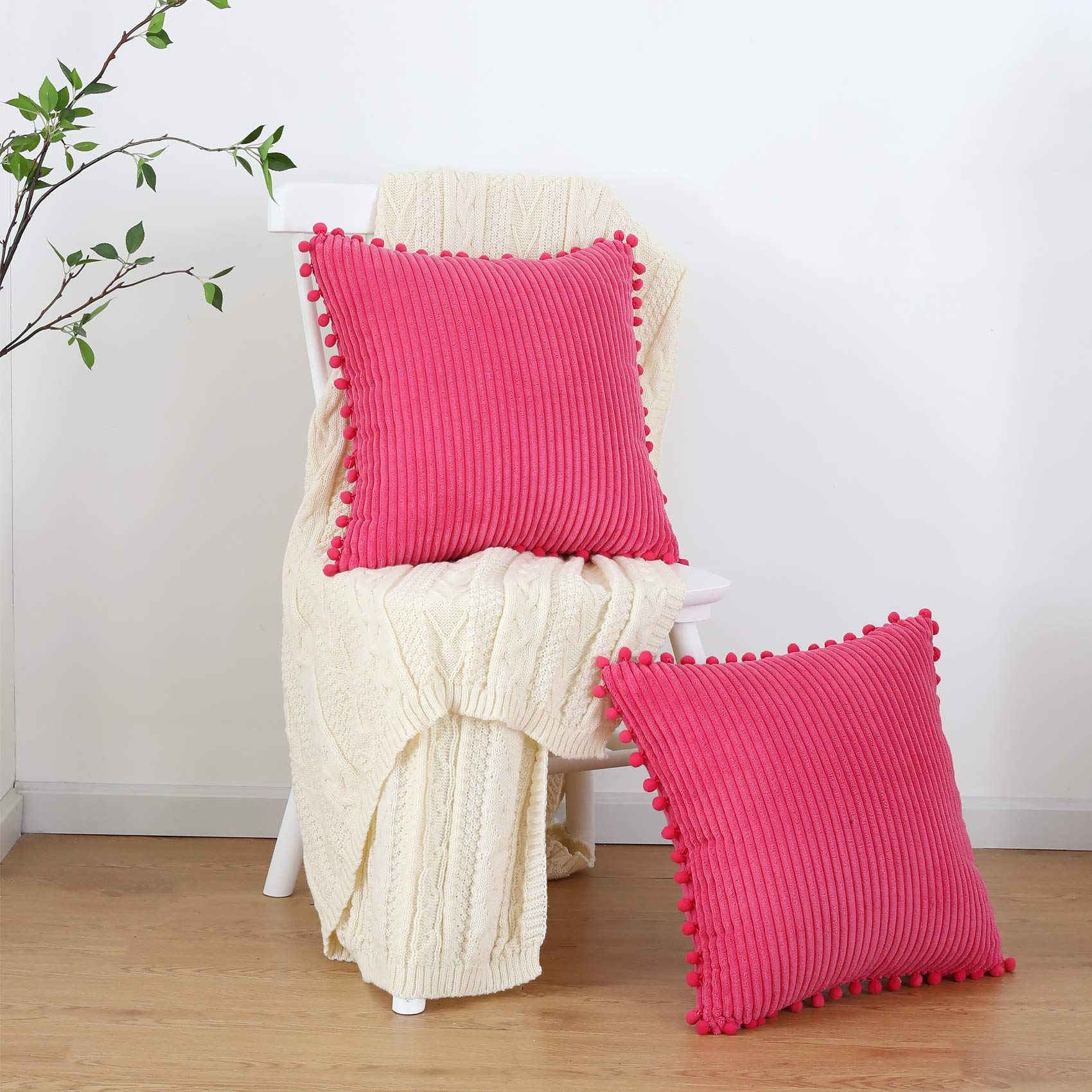 Soft Striped Boho Farmhouse Decorative Throw Pillow Covers 20x20 Inch - Hot Pink with Pom Poms (Pack of 2) for Couch, Sofa, Bed, Chair & Outdoor Use - Perfect for Living Room, Bedroom & Patio Decor