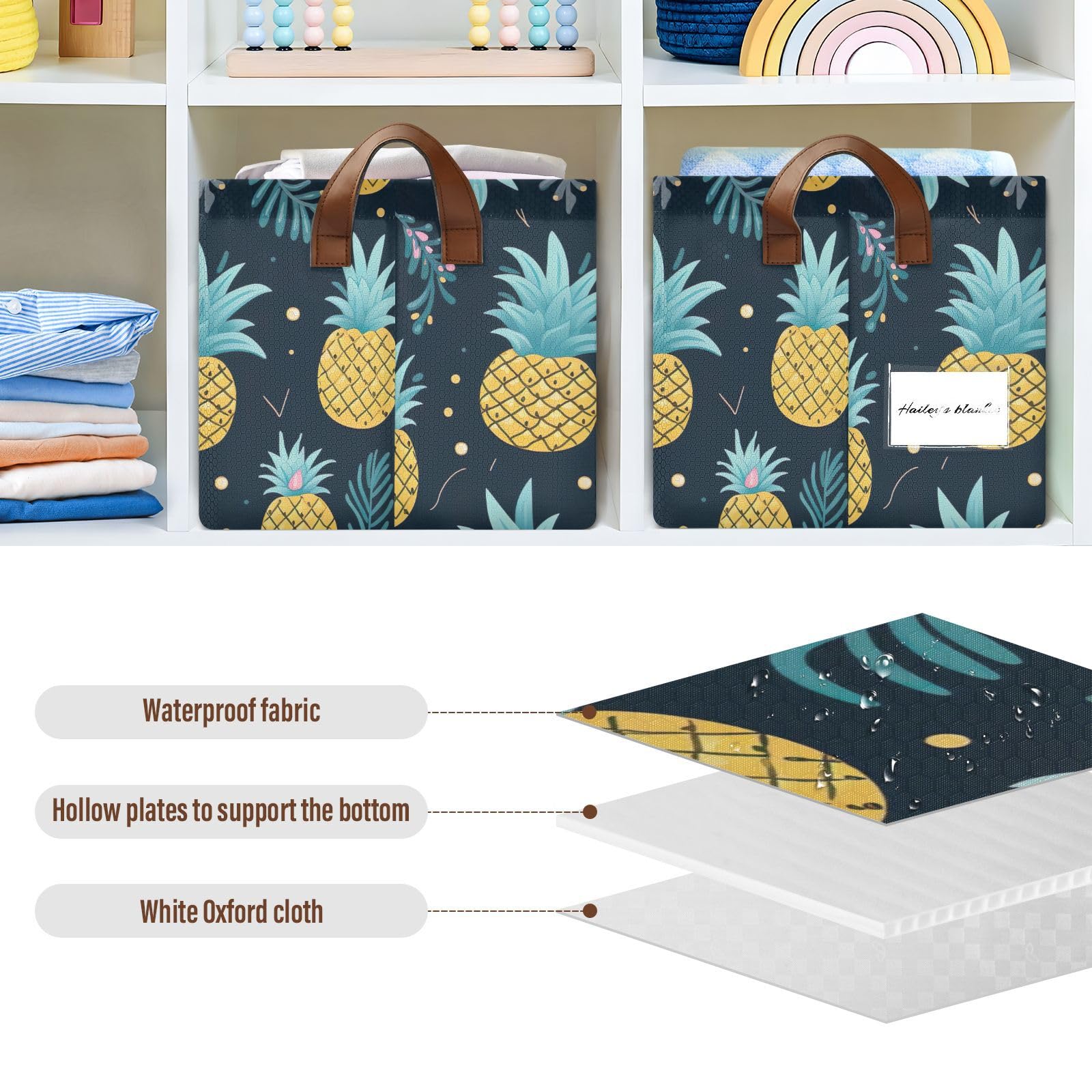 Foldable Storage Bins with Handles - 2 Pack Pineapple Tropical Design Collapsible Shelves & Baskets (16.9