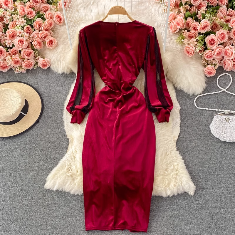 Sexy V-Neck Velvet Slit Dress for Women - Elegant Winter & Fall Evening Gown for Parties, Date Nights & Special Occasions