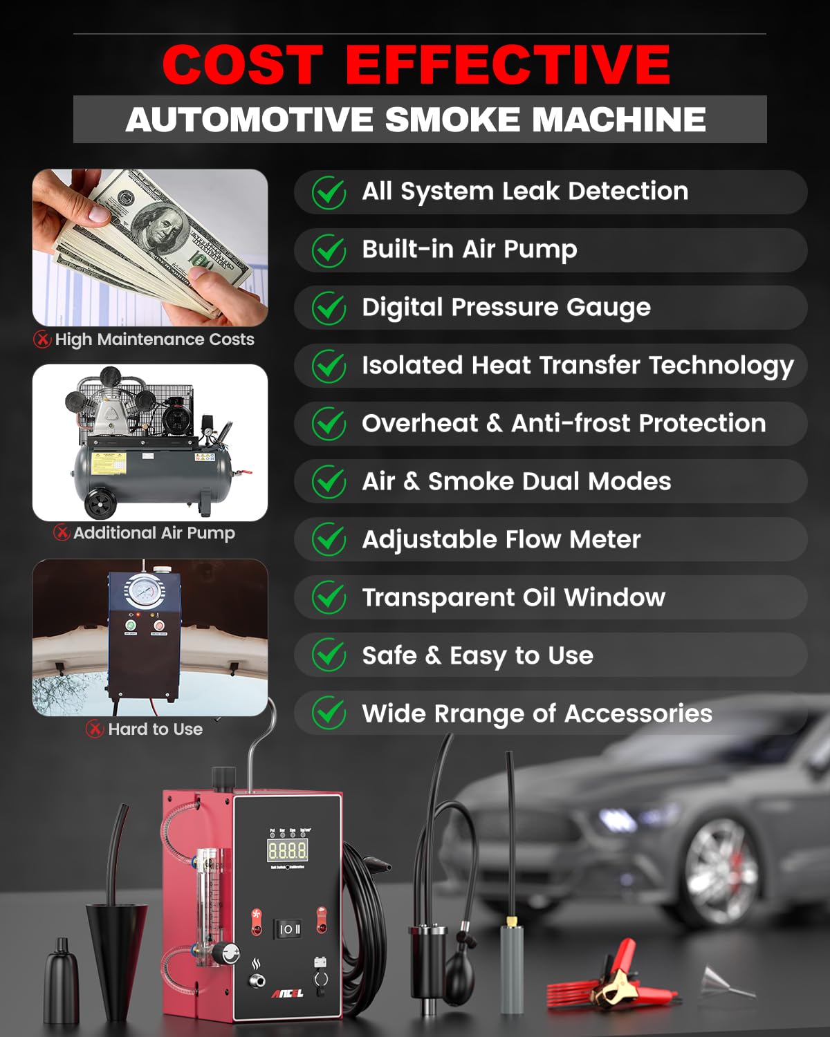 ANCEL L300 Automotive EVAP Smoke Machine Leak Tester with Digital Pressure Gauge & Flow Meter - Built-in Air Pump, Odorless Vacuum Smoke Detector for Car AC System, Fuel Tank, and Exhaust Leak Detection