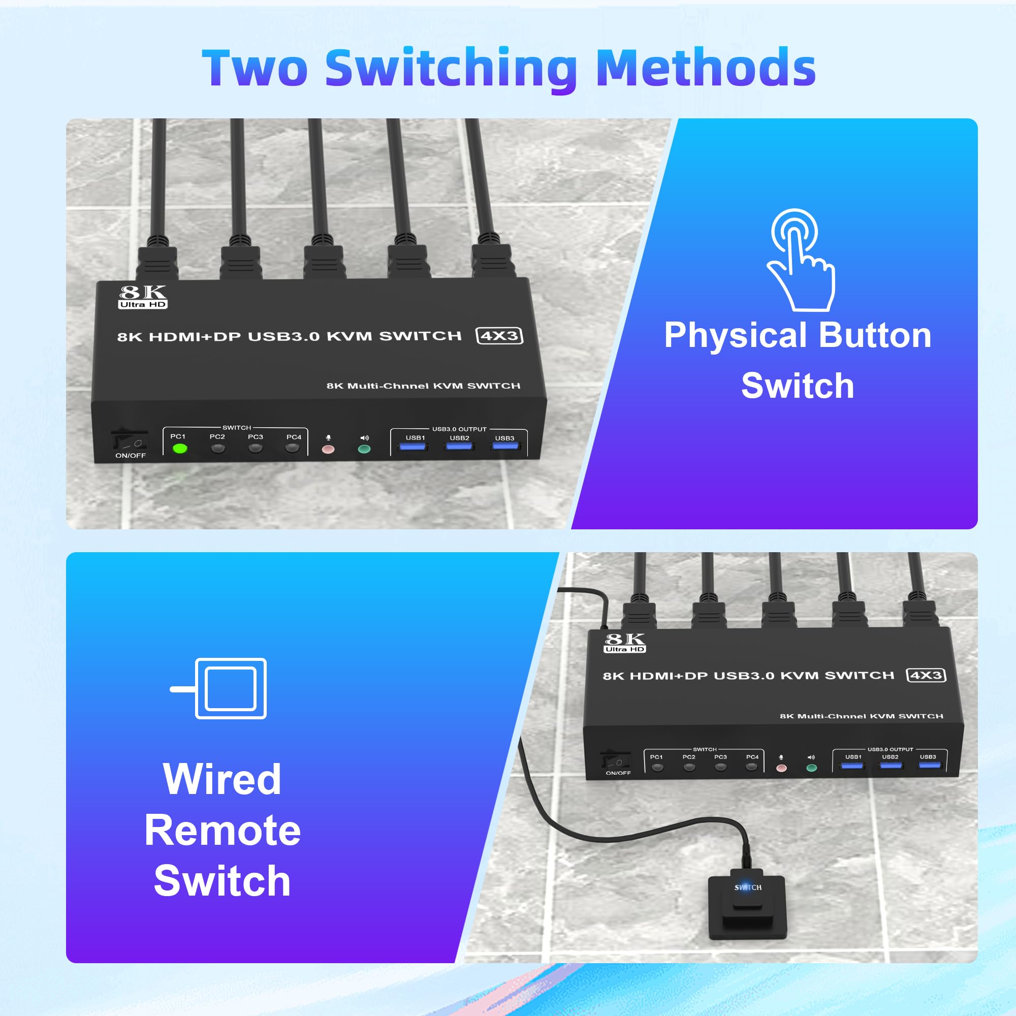 8K@60Hz DisplayPort 1.4 + HDMI 2.1 KVM Switch for 4 Computers & 3 Monitors - USB 3.0 Hub with Audio/Microphone Ports - Triple Monitor Keyboard Mouse Switcher for Gaming, Office & Multi-Tasking Workstations