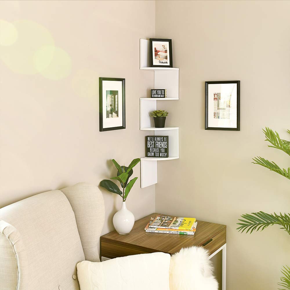 WELLAND White Floating Shelf - 4 Tier Zig Zag Corner Wall Mounted Shelf for Bathroom, Kitchen, Living Room & Bedroom Storage