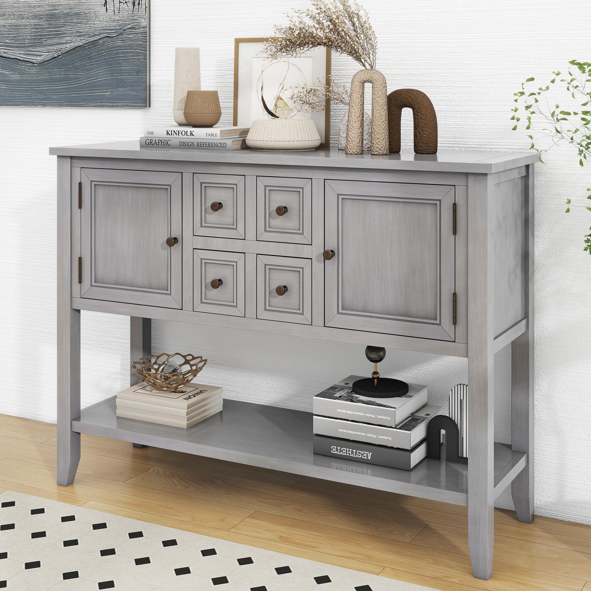Antique Gray Console Table with 4 Drawers & 2 Cabinets - Entryway Sofa Table, Buffet Sideboard with Bottom Shelf for Living Room Storage & Home Decor - Perfect for Hallway, Foyer & Apartment Entryway Organization