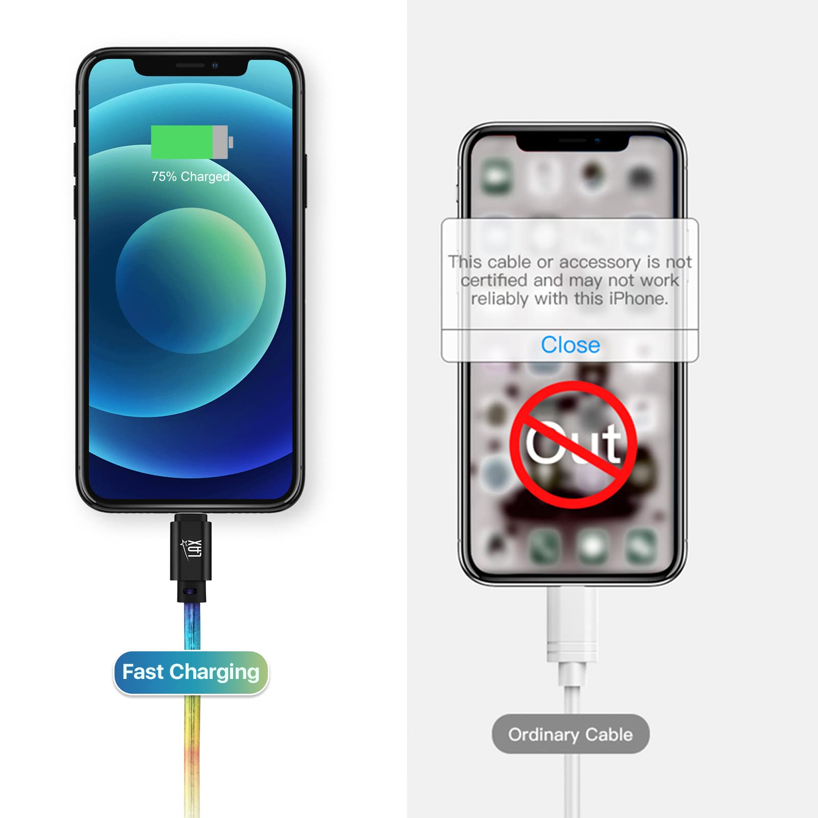 LAX Gadgets USB A to Lightning Cable - Apple MFI Certified Fast Charging Cable for iPhone, iPad, iPod - 6ft Glitter Rainbow Premium Stitched Design - Perfect for Home, Office & Travel Charging