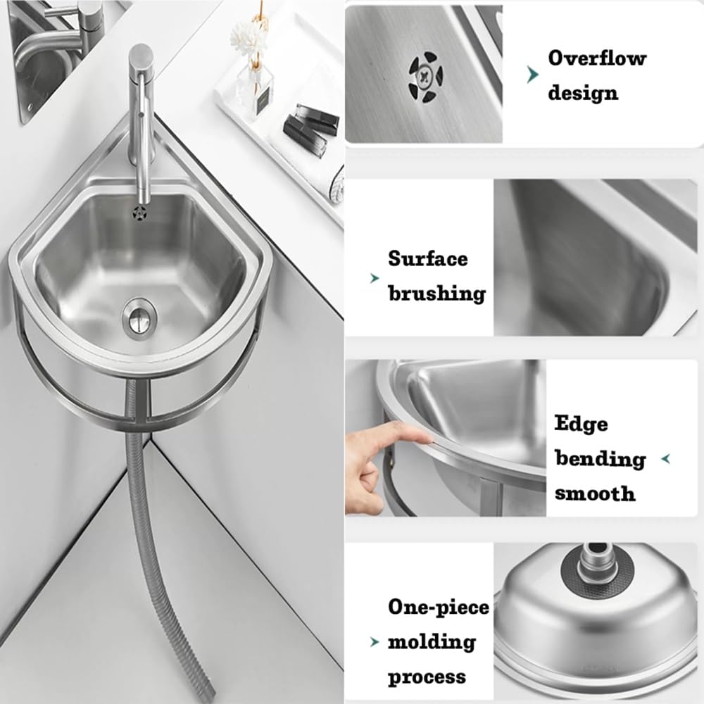 Stainless Steel Wall Mounted Bathroom Sink - 304 Single Bowl Corner Vanity Sink with Faucet, Drain & Towel Bar - Perfect for Small Bathrooms, Powder Rooms & RV Wash Basins