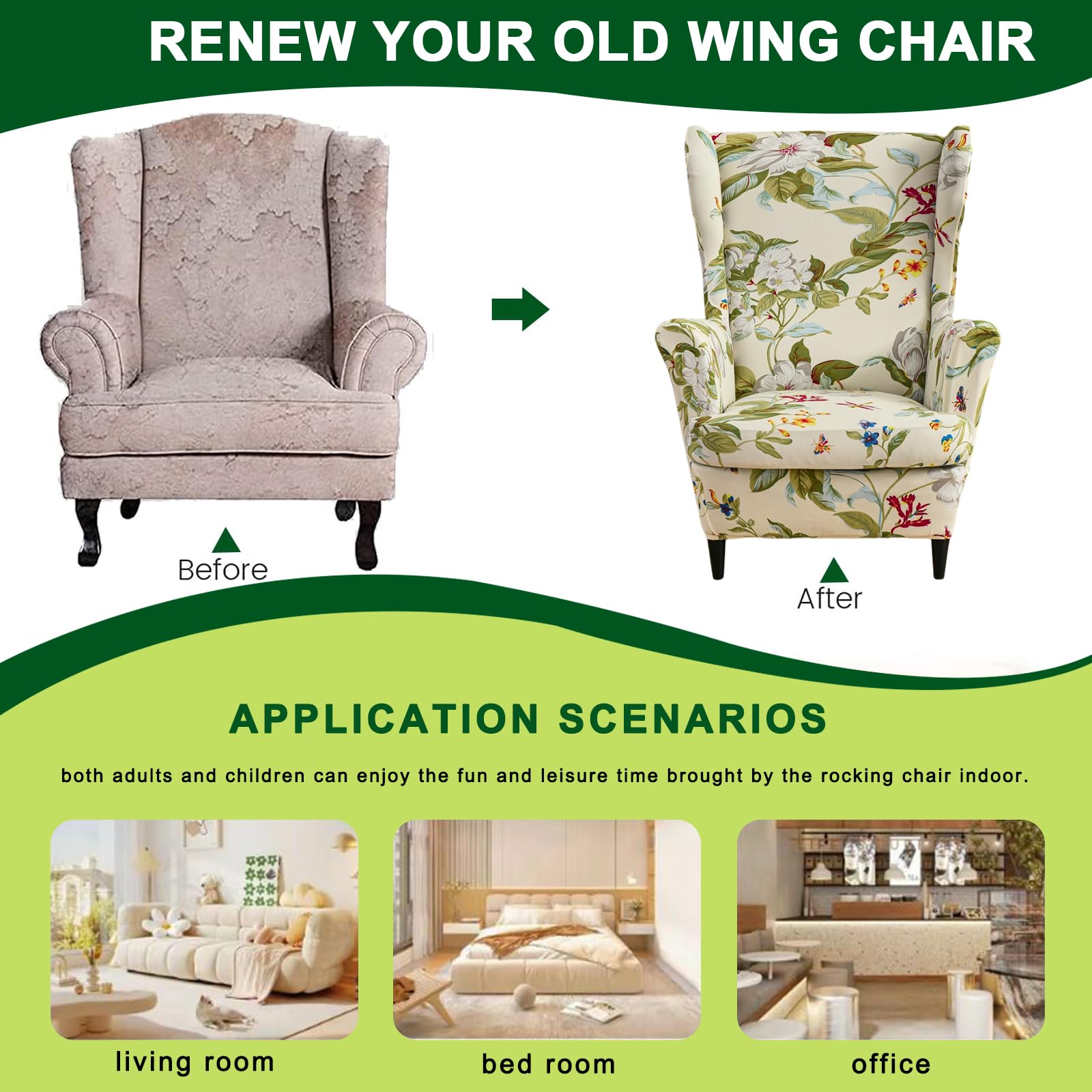 CRFATOP 2-Piece Stretch Wingback Chair Cover Set - Printed Spandex Slipcover with Elastic Bottom for Living Room, Bedroom - Fits Most Wingback Armchairs (06) - Perfect for Home Decor, Furniture Protection & Style Upgrade