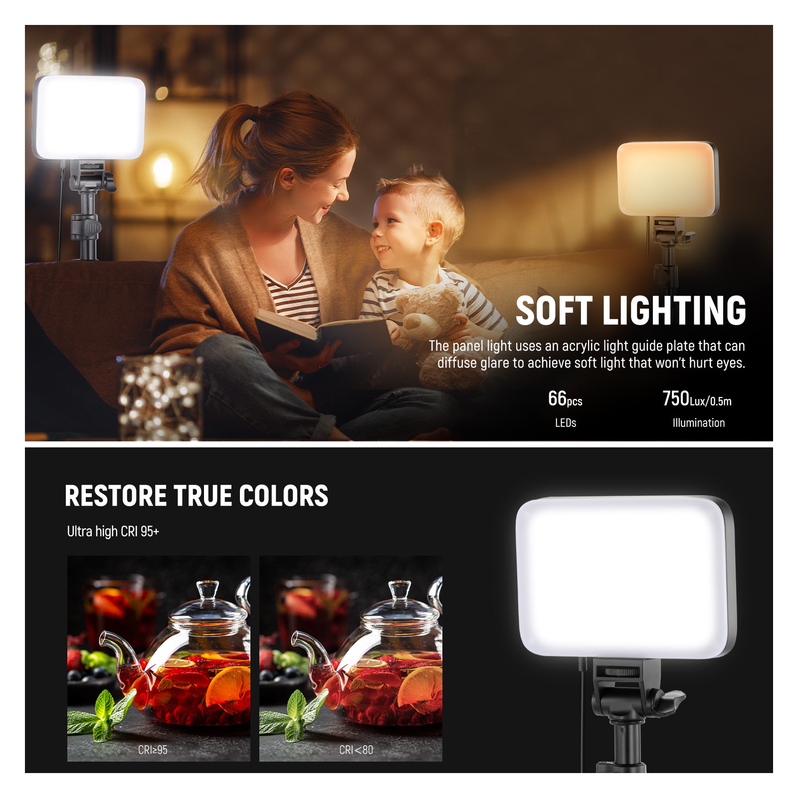 NEEWER BASICS BP66 2 Pack Bi-Color LED Video Light Panel Kit - 3200K-5600K Adjustable, CRI≥95 for YouTube, TikTok, Photography & Studio Lighting