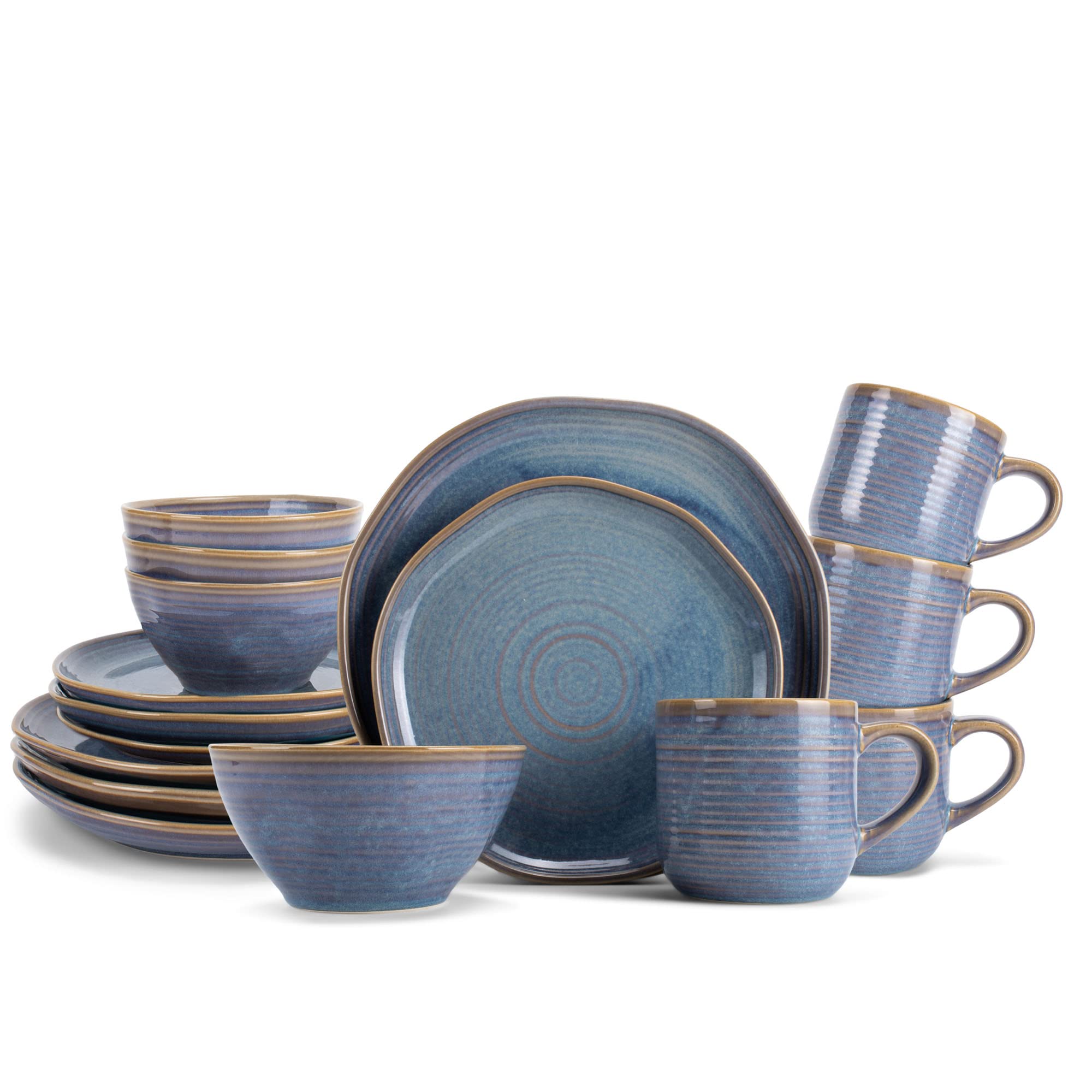 Elanze Designs 16-Piece Reactive Rustic Cabin Dinnerware Set - Ceramic Plates, Bowls, Mugs for 4, Ocean Sunrise | Perfect for Farmhouse Kitchens, Rustic Weddings & Cozy Family Dinners