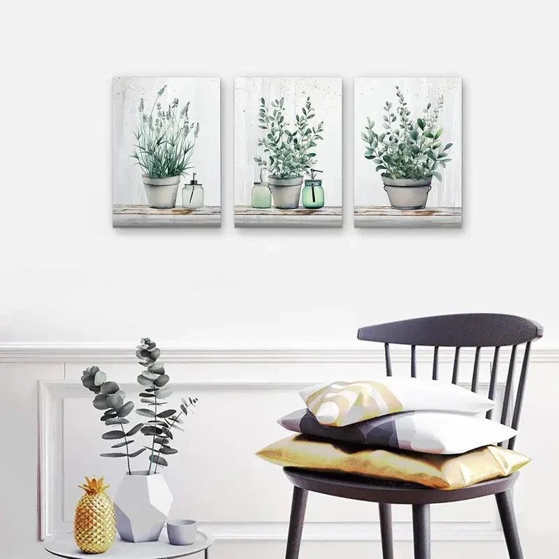 3-Piece Green Leaves in Vases Metal Wall Art - Ready to Hang Home Decor for Living Room, Bedroom & Office