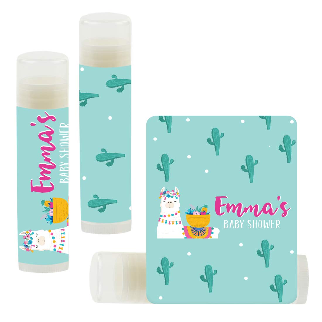 Personalized Llama and Cactus Lip Balm Party Favors - 12 Pack Bohemian Themed Baby Shower Decorations for Emma's Special Celebration | Perfect for Birthday Parties, Bridal Showers & Themed Events