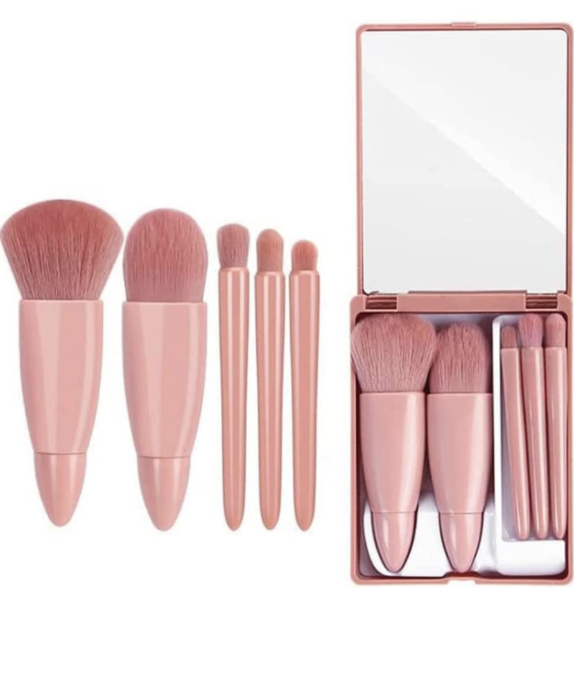Bajajbeauty 5-Piece Professional Makeup Brush Set with Travel Case & Built-in Mirror - Portable Cosmetic Brushes for Eyeshadow, Powder, Foundation, Blush - Perfect for Travel, Home Makeup & Professional Use