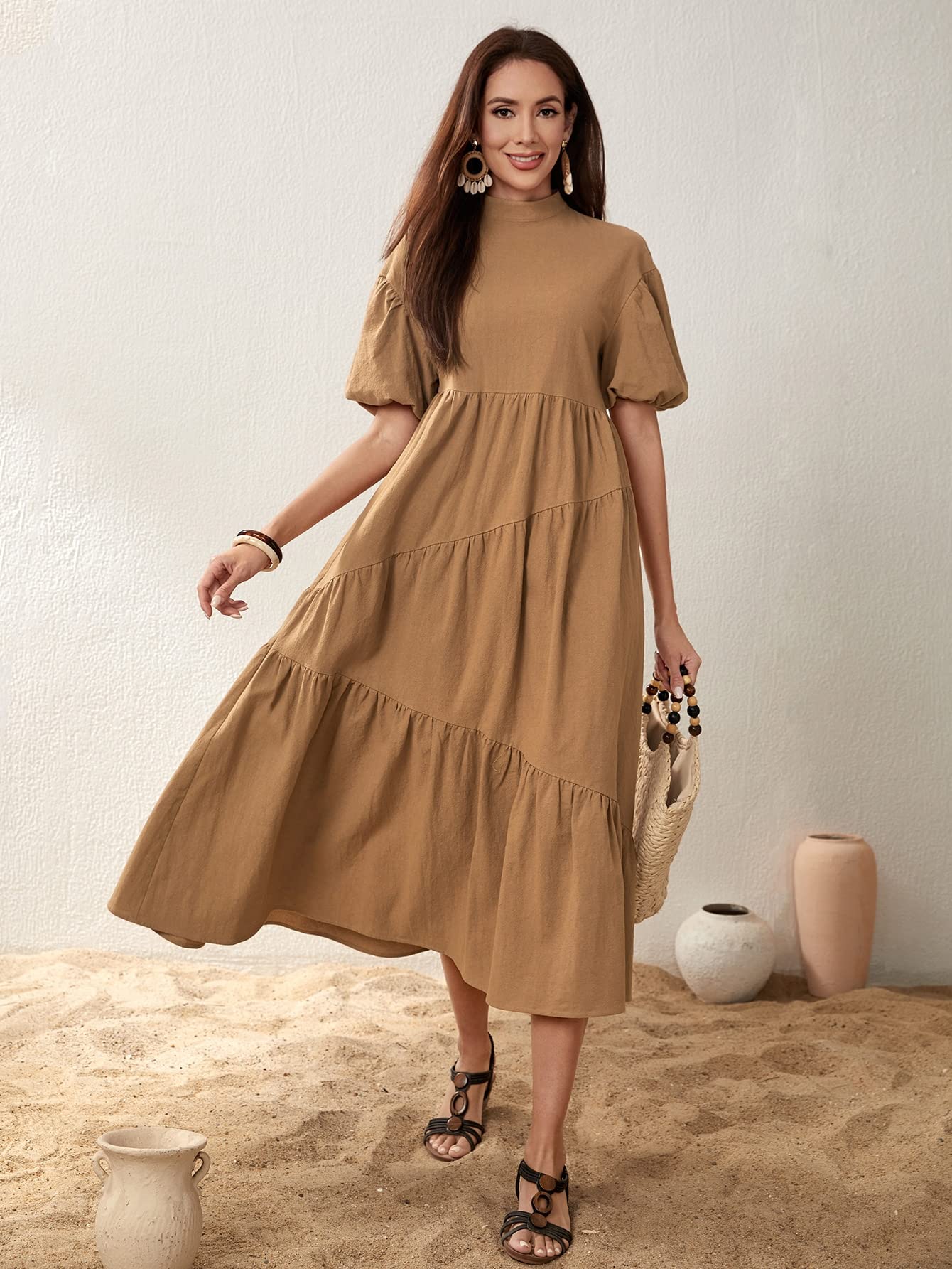 FDSUFDY Women's Mock Neck Puff Sleeve Ruffle Hem Dress 2022 - Size L | Elegant Party, Wedding Guest & Office Wear
