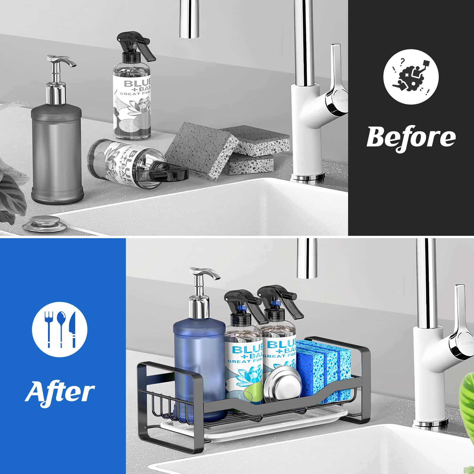 Kitchen Sink Organizer with Sponge Holder, Soap Dispenser & Removable Drain Tray - Countertop Caddy for Efficient Kitchen Cleaning & Storage