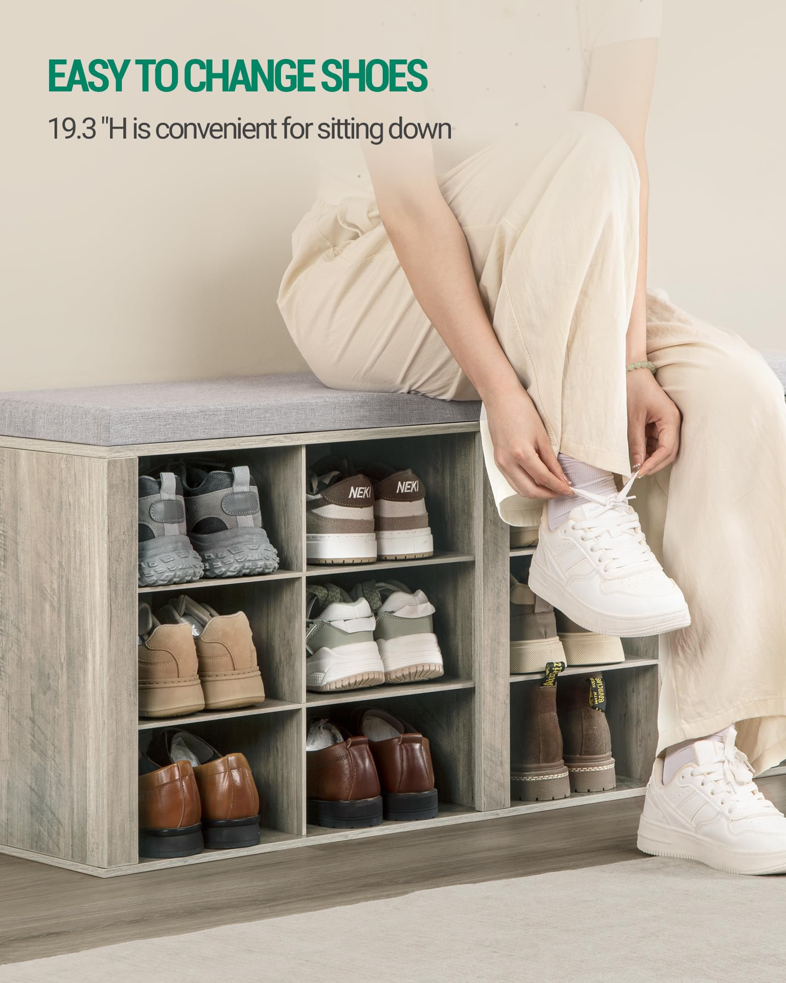Shoe Bench with Cushion - 12-Cubby Entryway Storage Bench with Adjustable Shelves | Shoe Organizer Cabinet for Living Room, Bedroom & Hallway | Perfect for Small Space Organization & Entryway Seating (Greige SB19005GY)