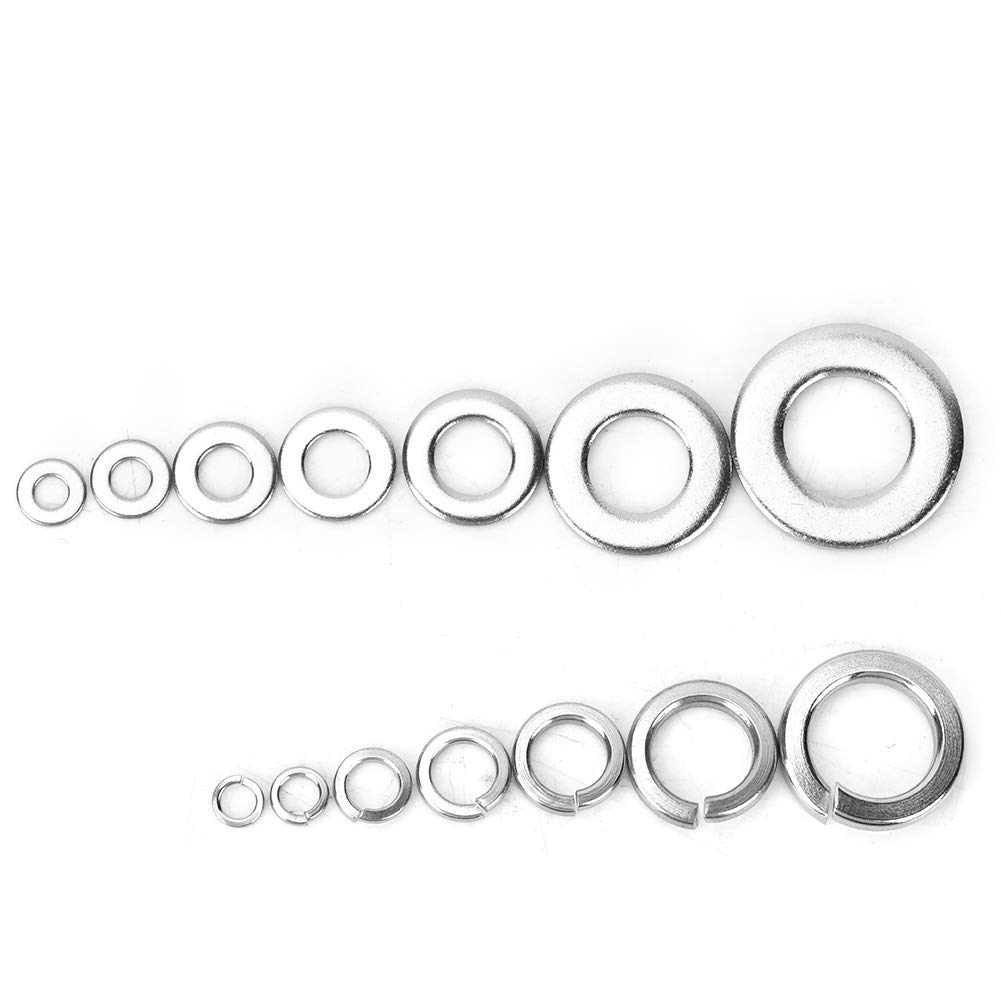 7 Sizes Flat & Spring Washer Set - Stainless Steel Fasteners for Industrial, Home, Automotive & Construction Use - Perfect for Machinery Assembly, Plumbing Fixtures and DIY Projects