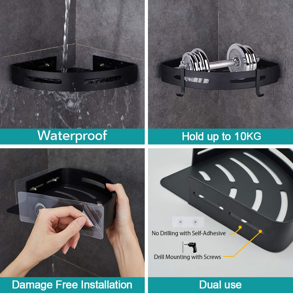 2-Tier Adhesive Corner Shelf - No Drilling Bathroom & Shower Caddy Organizer for Kitchen, Toilet | Space-Saving Storage Solution for Shampoo, Soap & Beauty Products