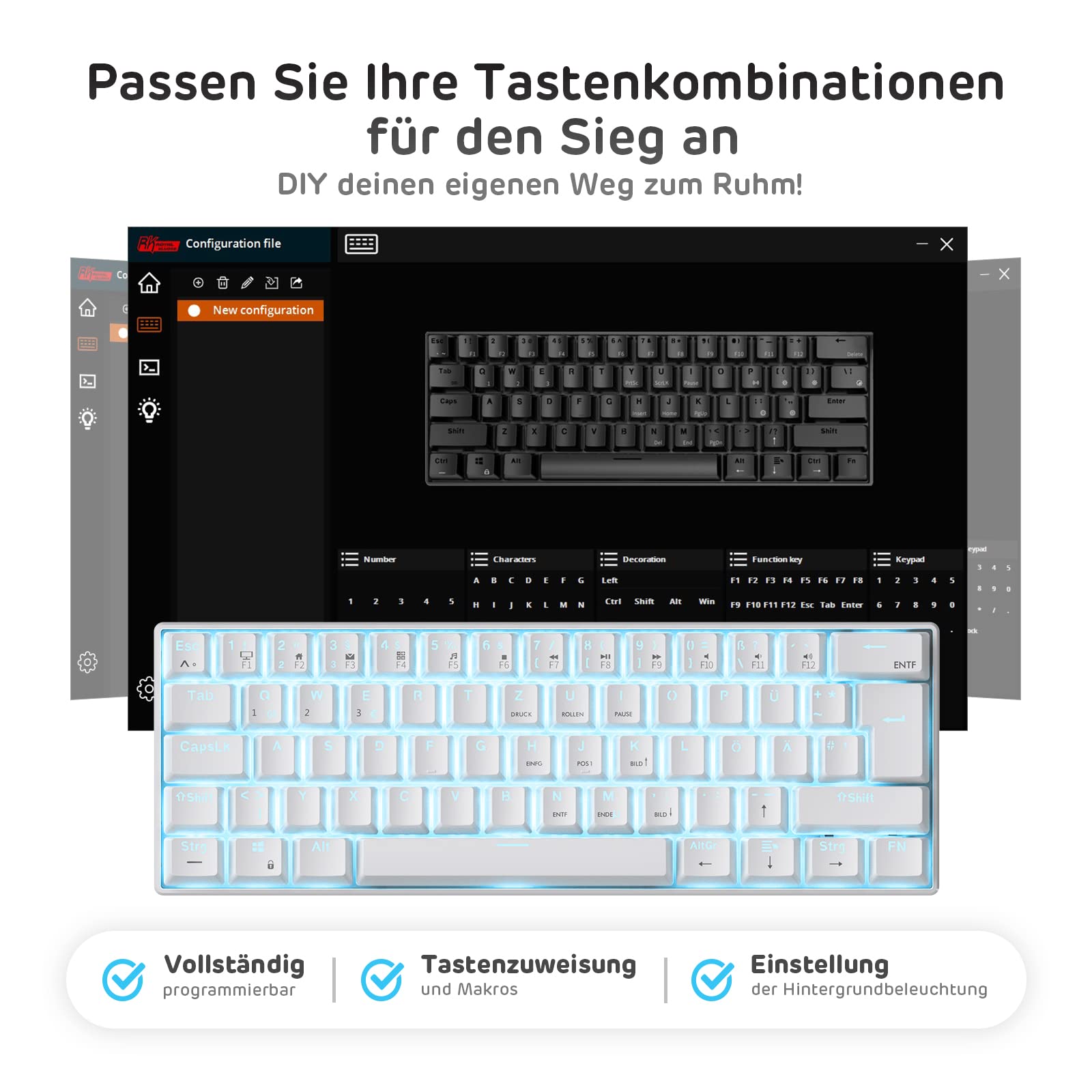 RK ROYAL KLUDGE RK61-DE 60% Wireless Mechanical Gaming Keyboard - Bluetooth/2.4GHz/USB-C Wired, Hot-Swappable Brown Switches, 61 Keys, White, QWERTZ Layout for Windows/Mac - Perfect for Gaming, Office Work & Programming