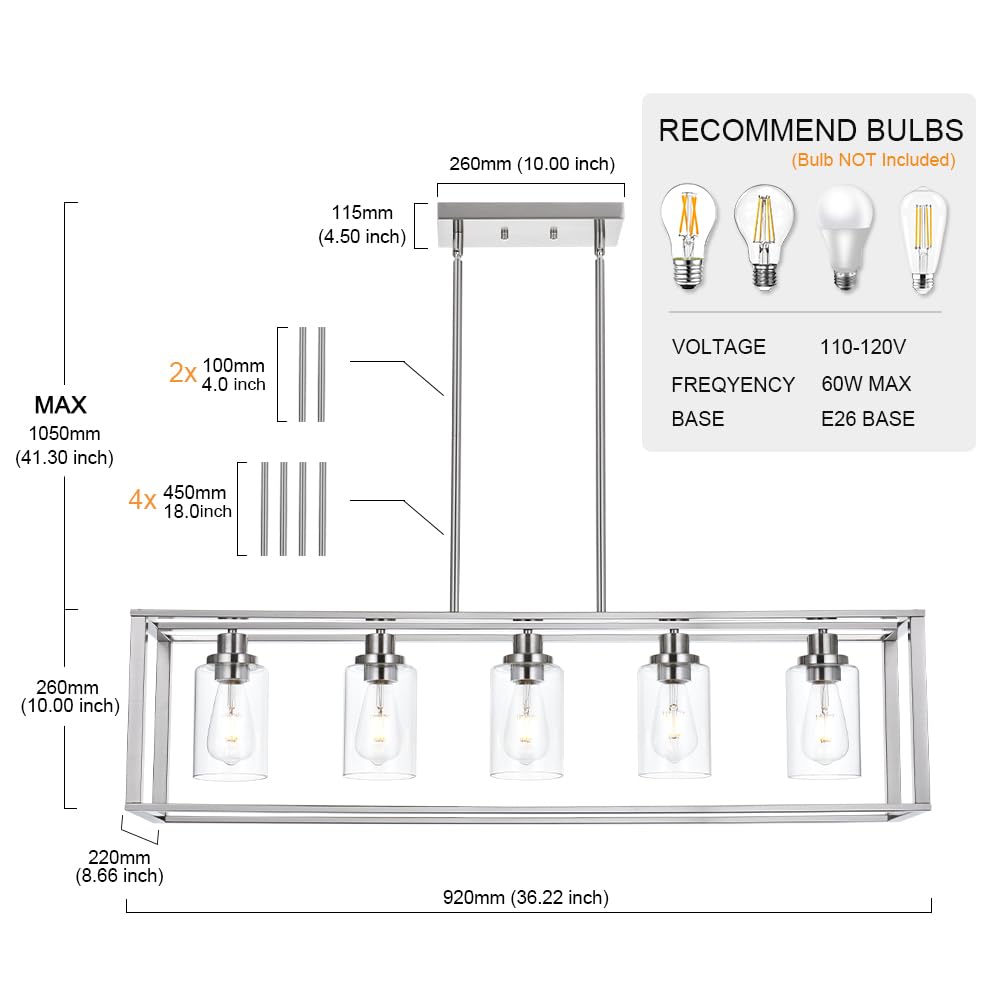 VINLUZ 5-Light Modern Industrial Chandelier - Brushed Nickel Finish with Clear Glass Shade - Classic Pendant Island Lighting Fixture for Dining Room, Living Room & Bedroom - Perfect for Farmhouse, Loft and Contemporary Home Decor