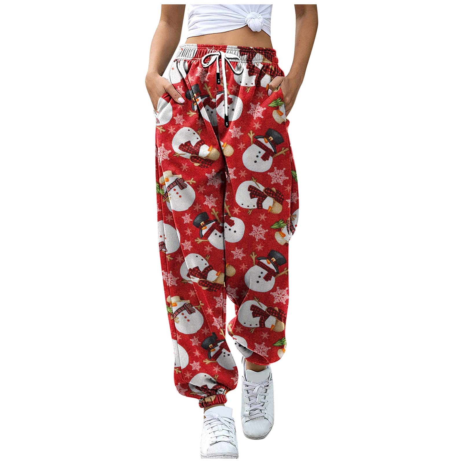 Women's Christmas Santa Print Sweatpants - Cozy Fleece Joggers with Drawstring for Winter, Sports & Lounge Wear | Holiday Casual Pajama Pants for Xmas Gifts & Festive Outfits