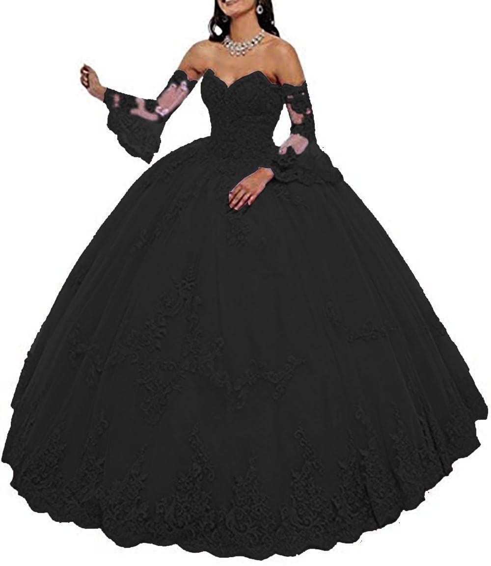 XIMILU Women's Sweetheart Long Sleeve Tulle Quinceanera Dress with Lace Appliques & Beading - Elegant Ball Gown for Prom, Wedding, and Special Occasions