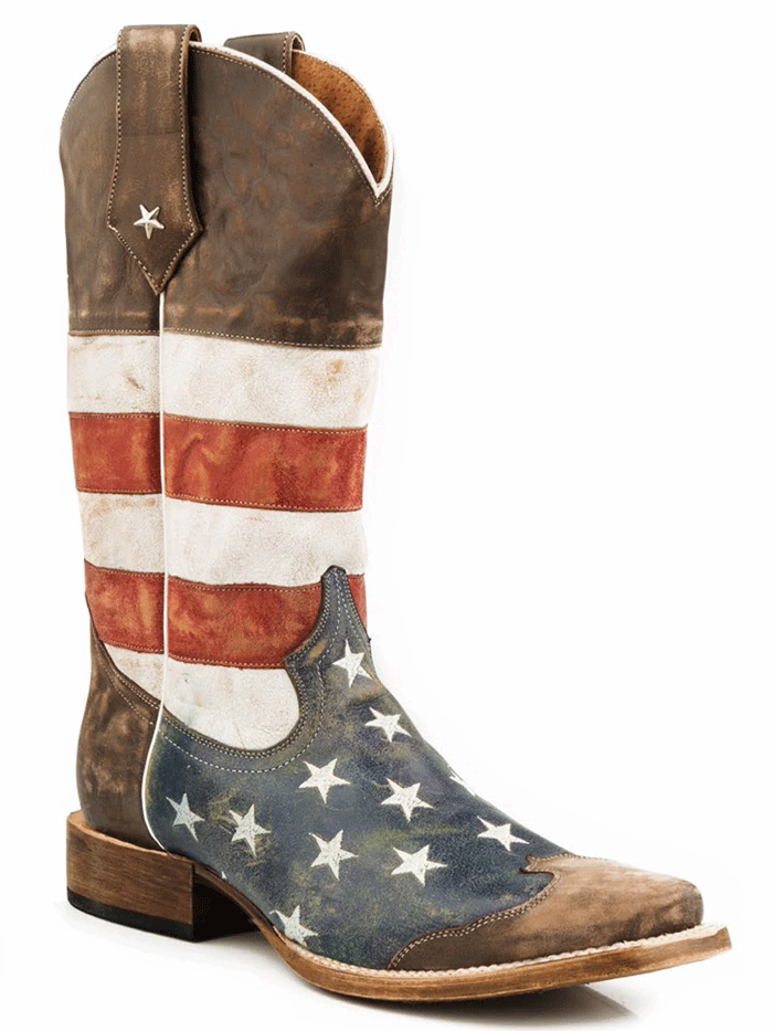 Roper Men's American Flag Cowboy Boots - Brown Leather Western Boots for Men, Comfortable Cowboy Work Boots for Rodeo, Country Music Festivals & Outdoor Activities
