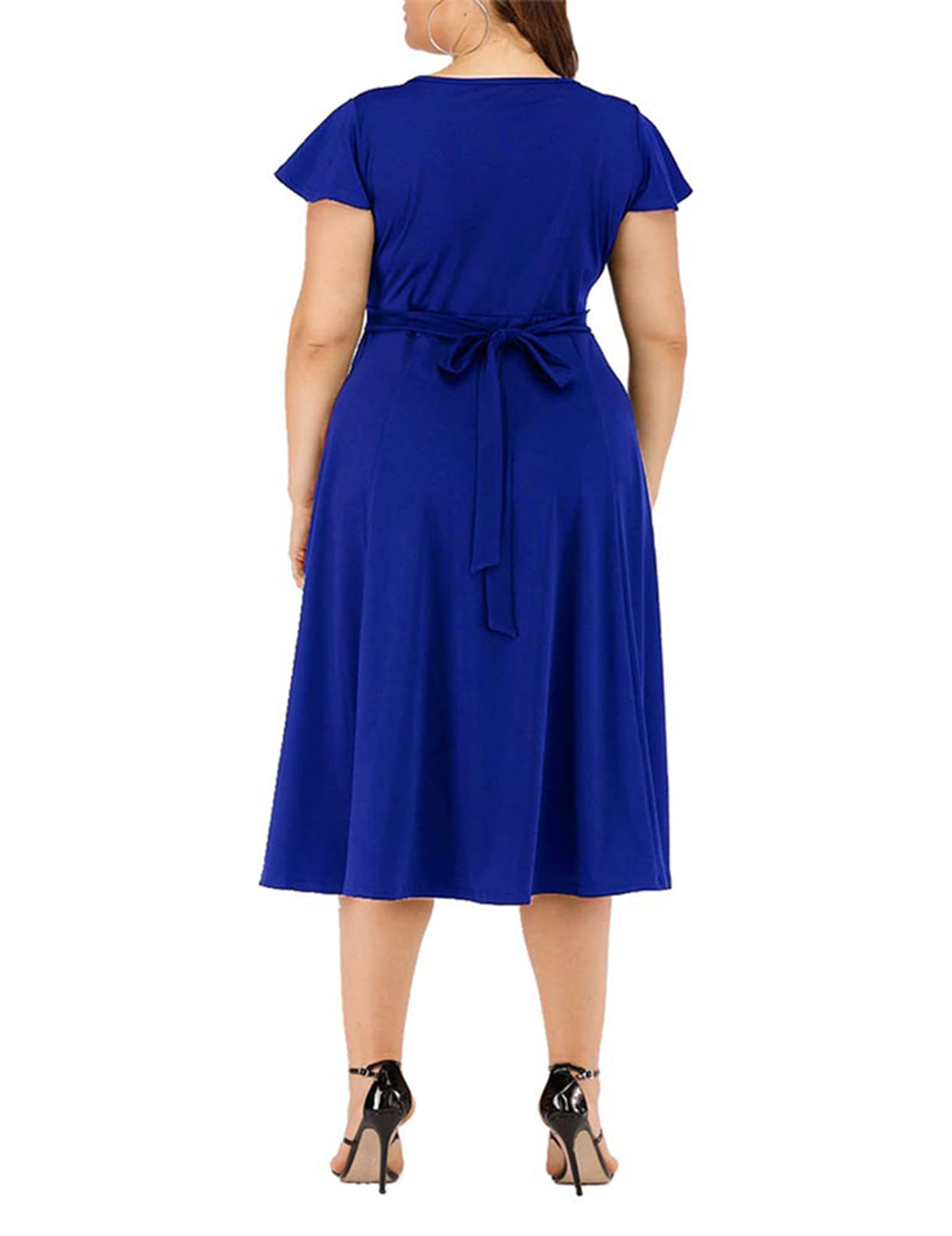 AGMIBRELR Women's Plus Size Flutter Sleeve Deep V-Neck A-Line Swing Midi Dress - Elegant Casual & Party Wear for Curvy Women