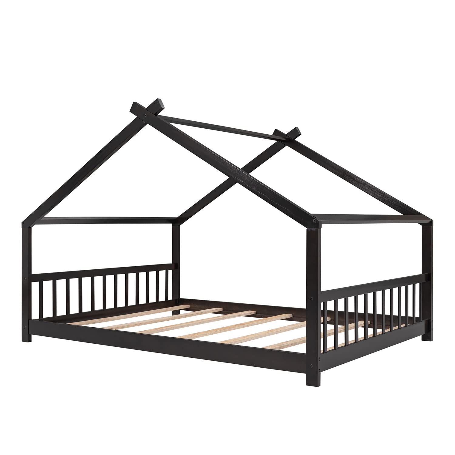 **Solid Wood Full Size House Bed Frame with Roof & Headboard - Low Platform Bed for Kids, Teens & Adults - No Box Spring Needed - Espresso Finish - Perfect for Nursery, Bedroom & Playroom Decor**
