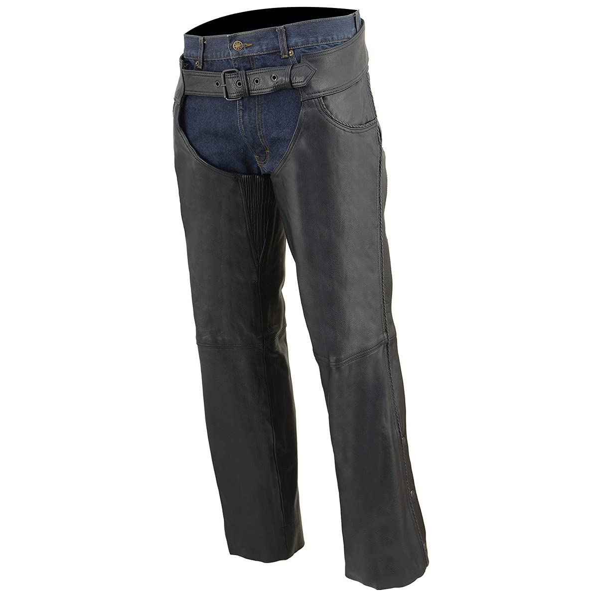 Milwaukee ML1125 Men's Black Premium Braided Leather Motorcycle Chaps - Thin Jean Style with Pockets - XL Size | Perfect for Riding, Biker Events & Outdoor Adventures