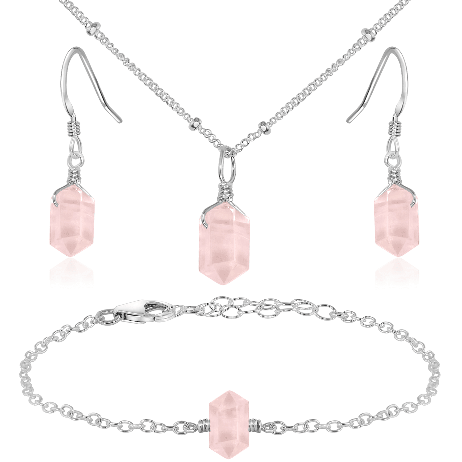 Rose Quartz Double Terminated Crystal Jewelry Set - Healing Stone Necklace & Earrings for Women - Perfect for Meditation, Energy Healing & Spiritual Gifts