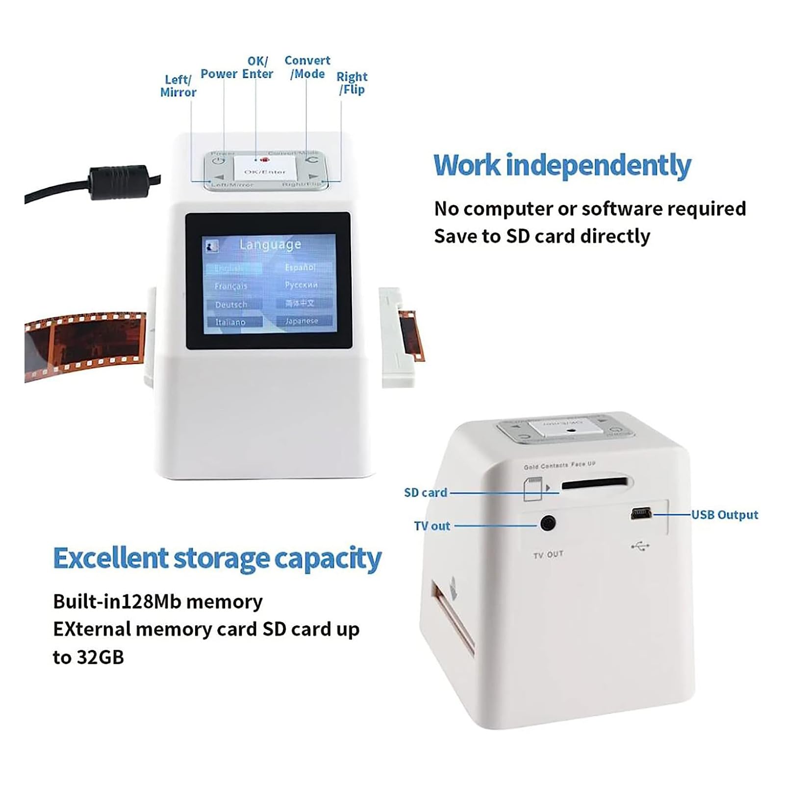 22MP Film Scanner for 35mm/135mm Slides & 110/126 KPK Negatives - 2.4