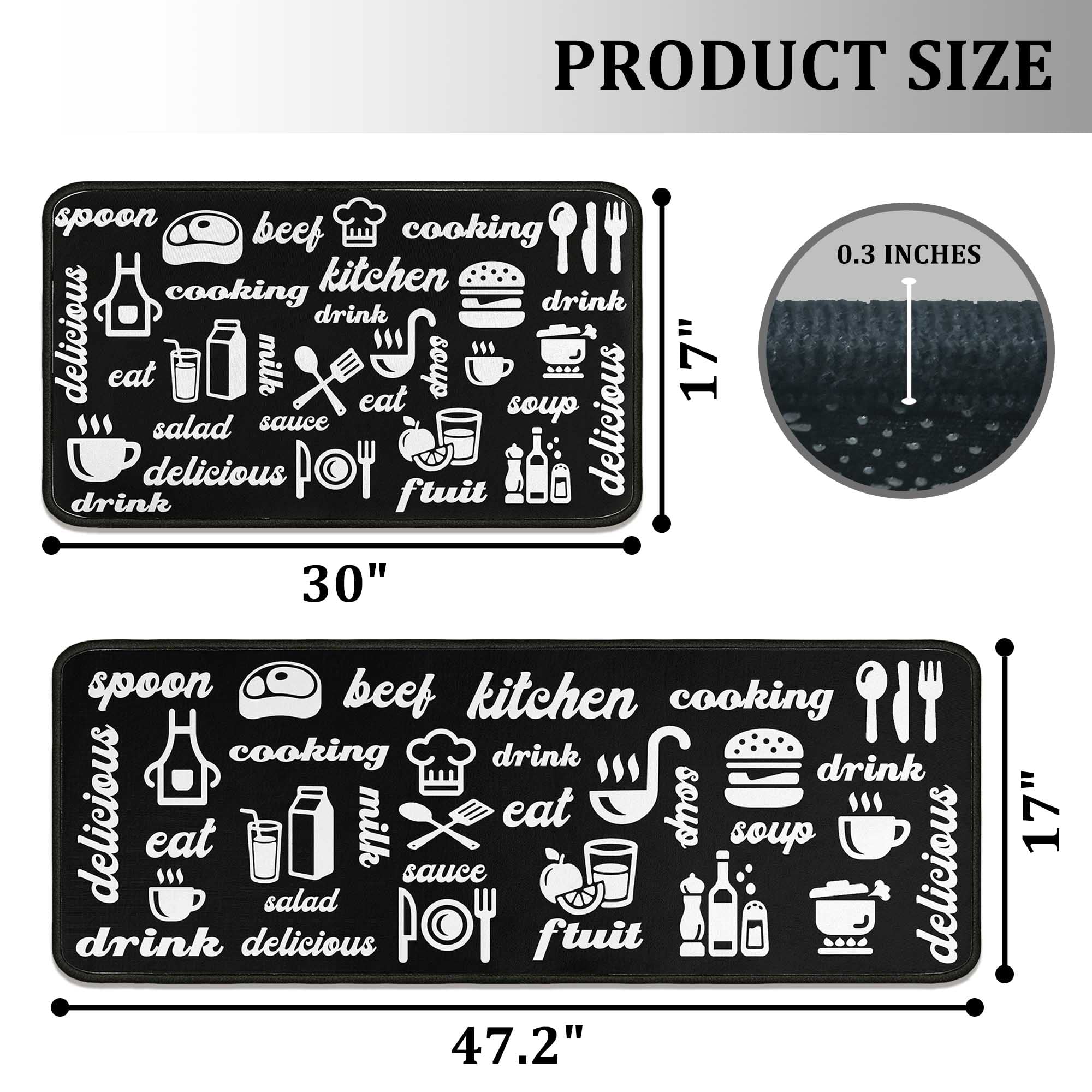 Black Kitchen Rugs Set of 2 - Non-Slip Washable Kitchen Floor Mats & Doormat Runner Rug - 17